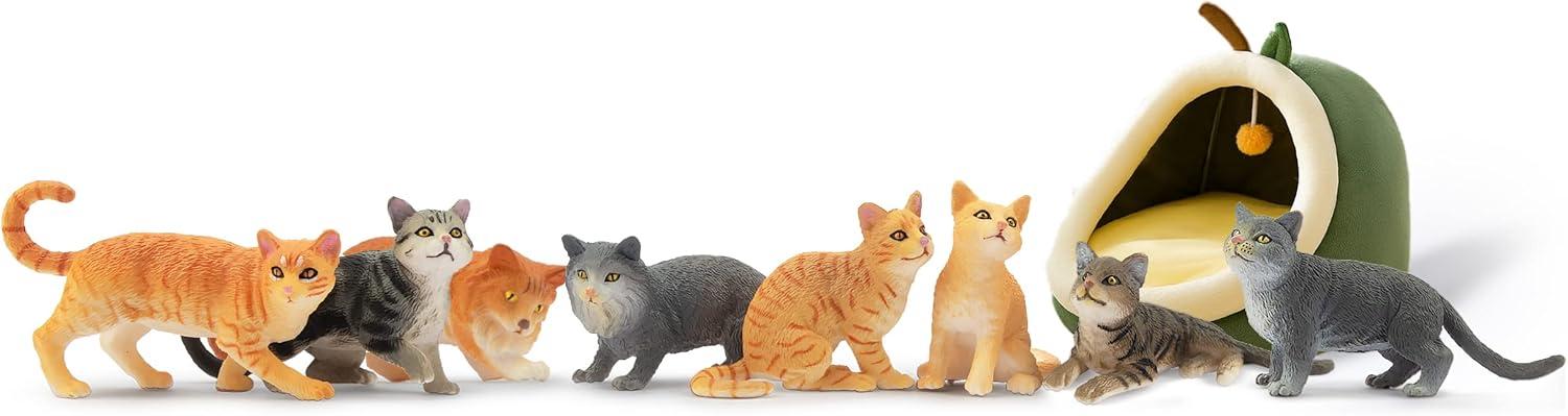 Toymany 8-Piece Grey & Orange Cat Figurine Set, Realistic Kitten Toys, Educational Gift for Kids, Cake Toppers & School Projects