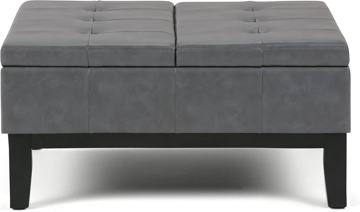 Simpli Home Dover 36"W Upholstered Square Coffee Table Storage Ottoman with Split Tufted Lift Top