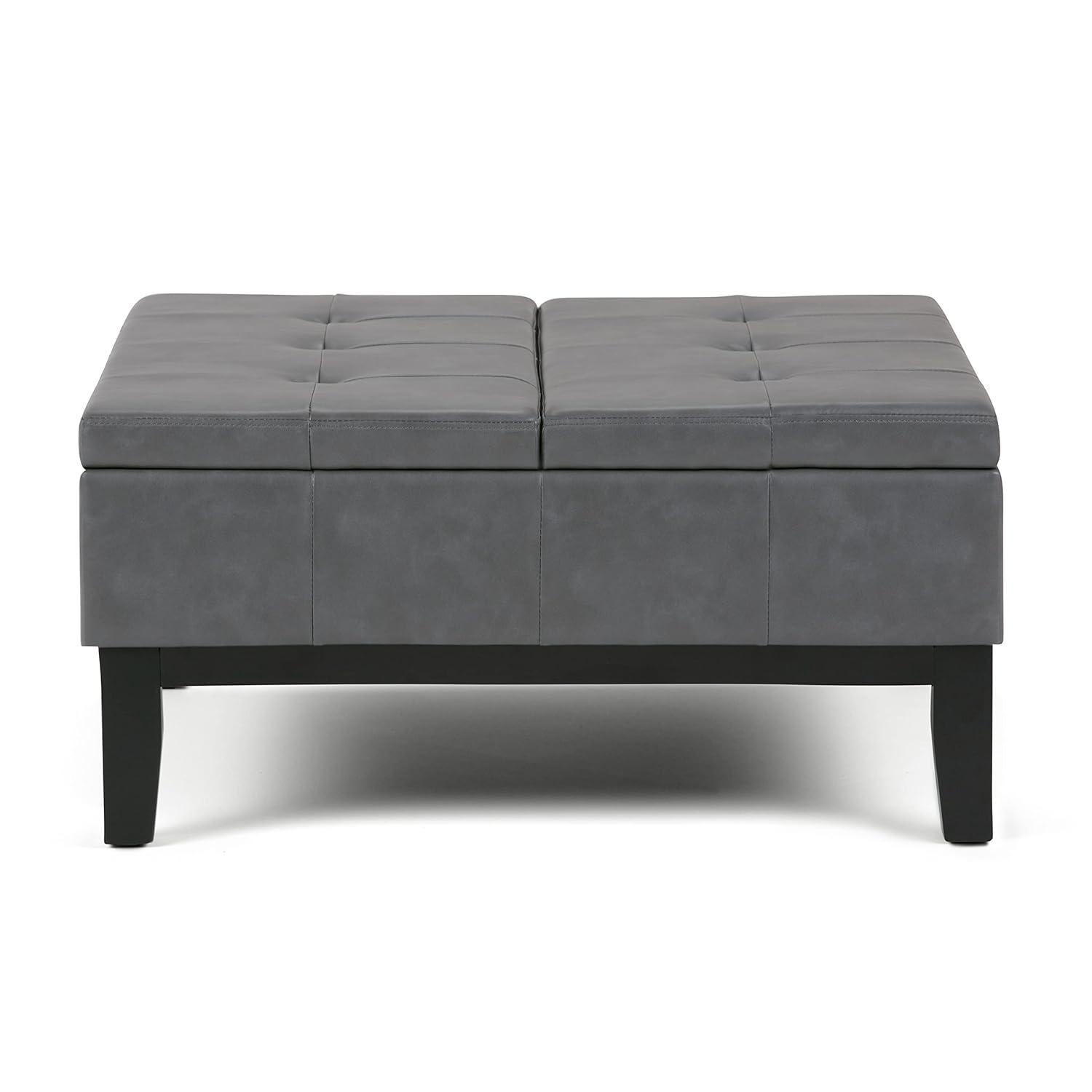 Simpli Home Dover 36"W Upholstered Square Coffee Table Storage Ottoman with Split Tufted Lift Top