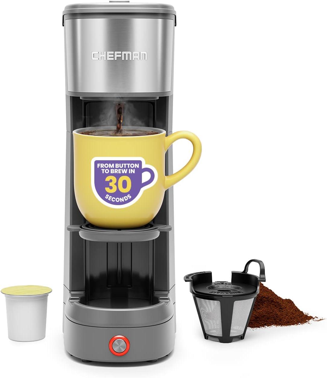 Chefman InstaCoffee Max, Brew Fresh Grounds or K-Cups With a Convenient Built-In Lift, Grey