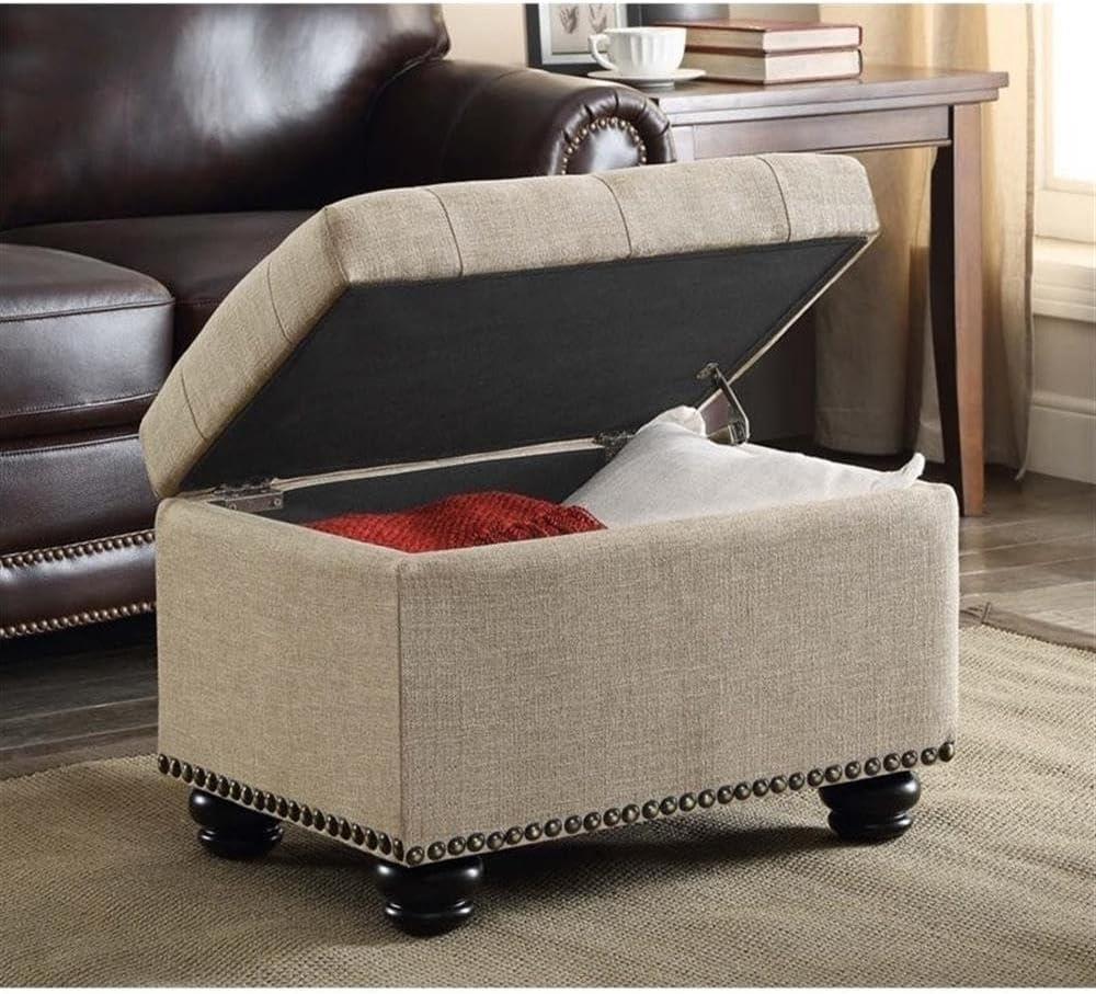 Designs4Comfort 5th Avenue Storage Ottoman in Beige Tan Fabric & Nail Head Trim