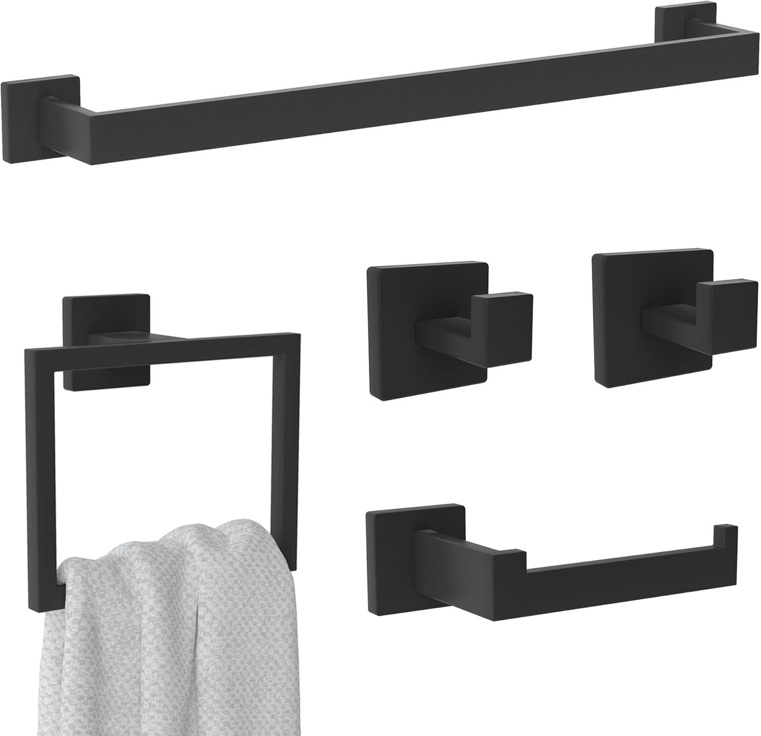 5 Pieces Square Matte Black Stainless Steel Bathroom Accessories Set Include 23.6 in Towel Bar, Toilet Paper Holder, Towel Ring, 2 Robe Towel Hooks