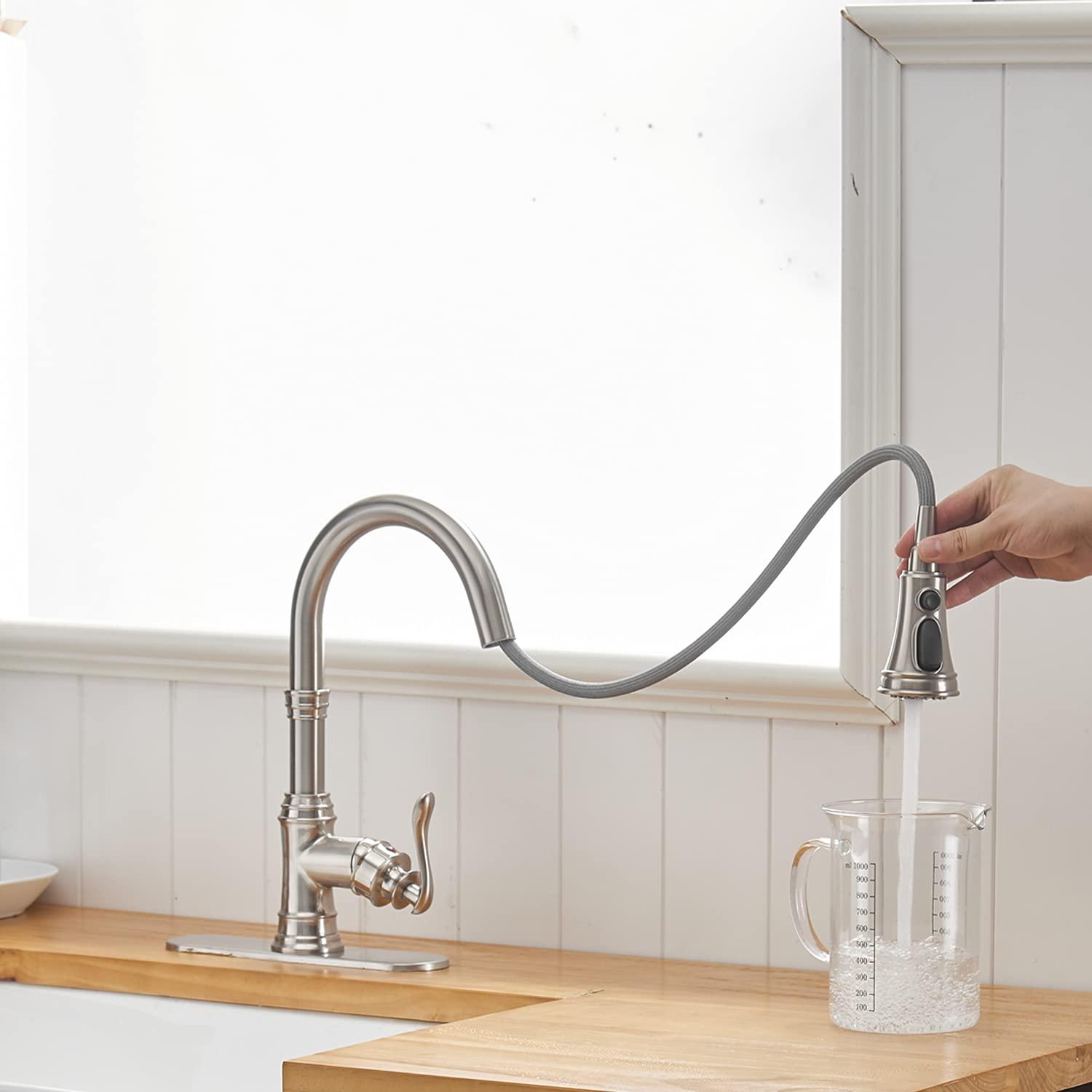 Kitchen Sink Faucet Brushed Nickel with Pull Down Sprayer 3 Mode Faucet for Kitchen Sink Single Handle High Arc Commercial Stainless Steel Pull Out RV Kitchen Faucet Bar,Deck Plate Include