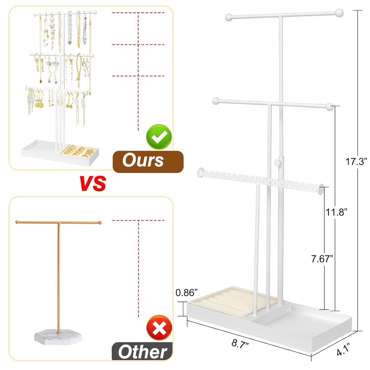 Jenseits Jewelry Organizer Stand Necklace Holder Organizer, 3-Tier Earrings Organizer w/Bracelet Storage Display & Velvet Ring Tray, Cute Metal Aesthetic Jewelry Tower Rack for Women Girls - Gold C47