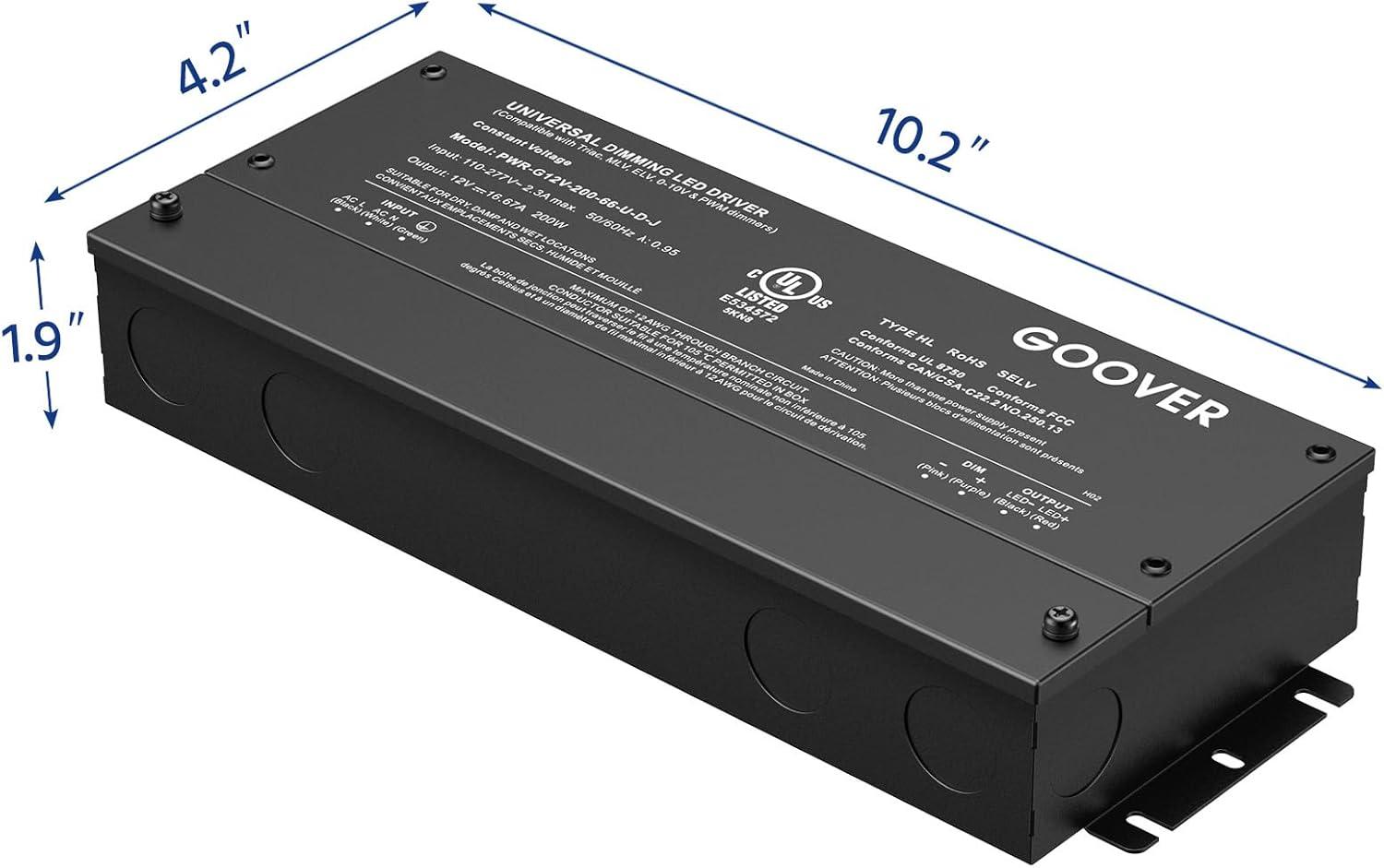 GOOVER 200W Dimmable LED Driver, 12V Triac Dimmable Power Supply, AC to DC Transformer for LED Light, Compatible with Lutron and Leviton Dimmer, Waterproof IP67 and UL Listed