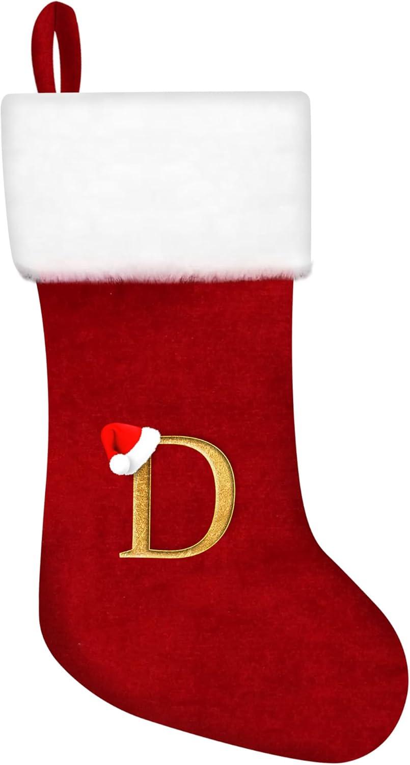 20 Inches Monogrammed Christmas Stockings,Letter F Personalized Christmas Stockings Red Stocking for Christmas Plush Cuffs Initial Christmas Stockings Holiday Xmas Gift