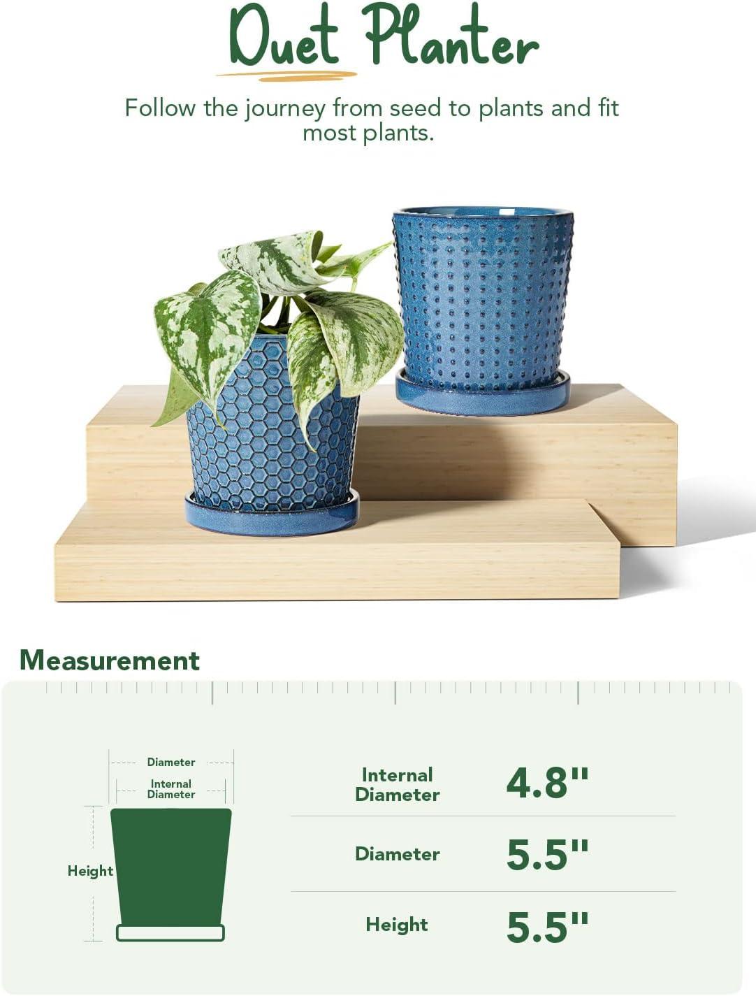 BEMAY 5.5" Plant Pots, Ceramic Indoor Planters with Drainage and Tray, Set of 2 Flower Pots for Succulent,Plants, Reactive Glaze Blue