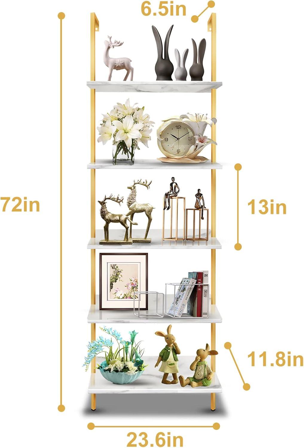 5 Tiers Ladder 2-Piece Shelf White Marble Modern Bookshelf Open Tall Wall Mount Bookcase Standing Leaning Wall Shelves Industrial Decorative