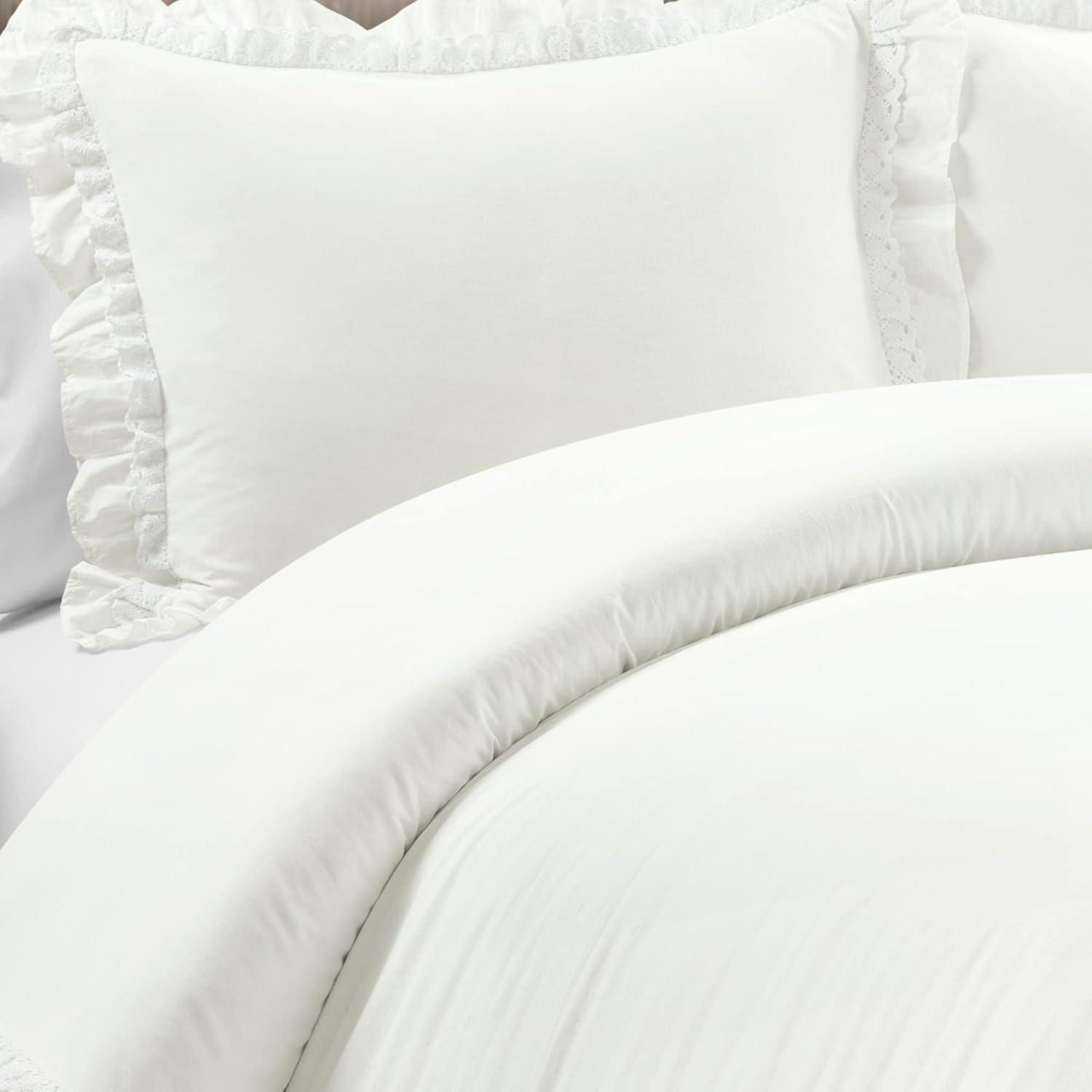 White Cotton Ruffled Lace Full/Queen Duvet Cover Set