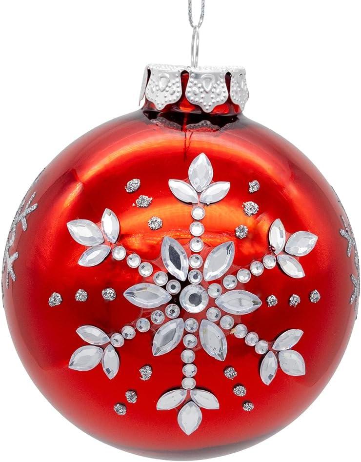 Kurt Adler 80MM Glass Shiny Red With Silver Snowflake Ball 6-Piece Ornament Set