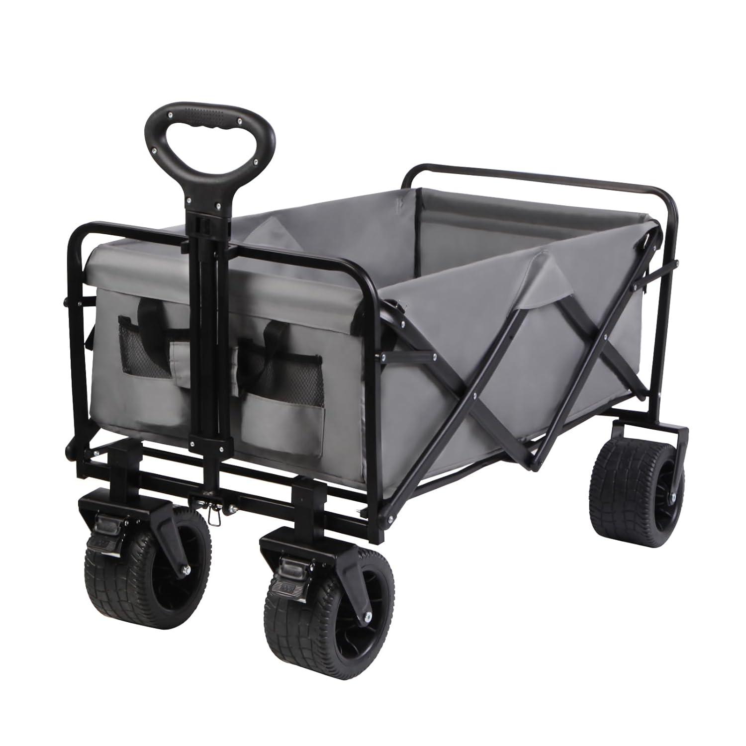 Heavy-Duty Gray Steel Folding Wagon with Adjustable Handle