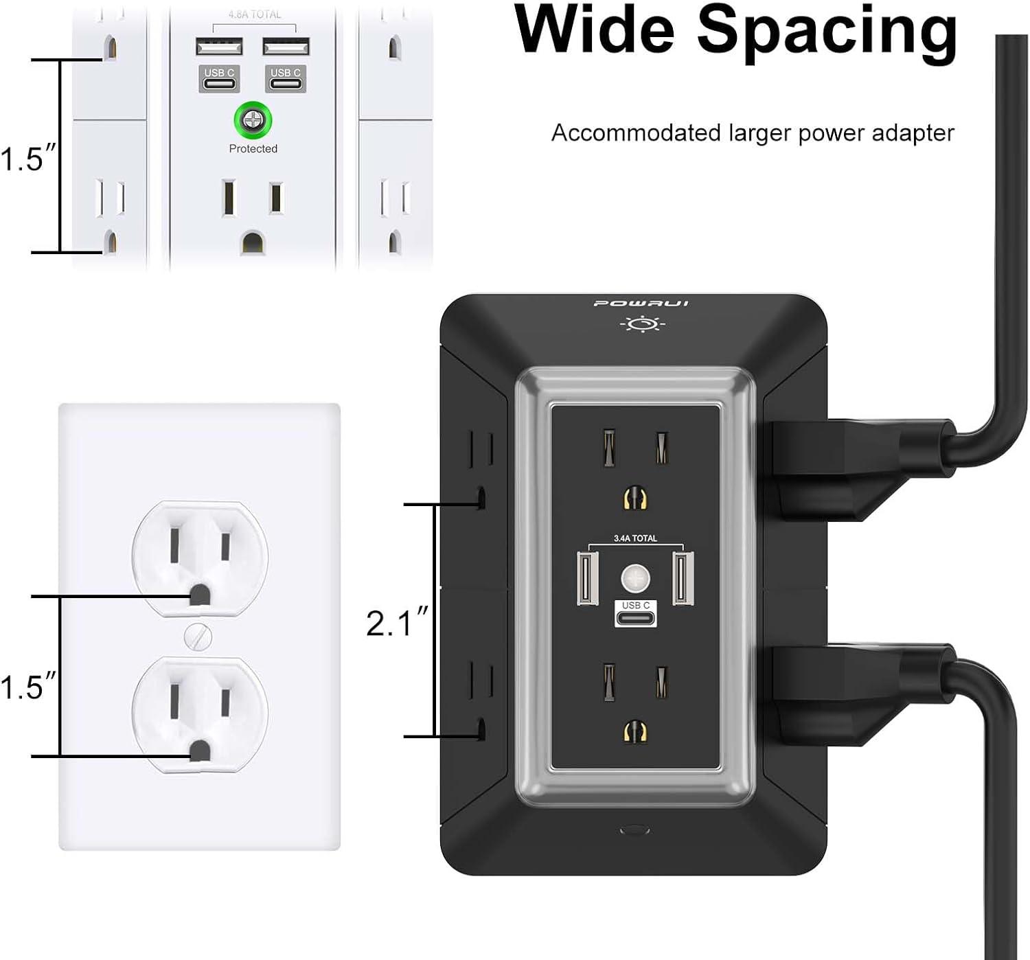 Black 6-Outlet Surge Protector with USB Ports and Night Light