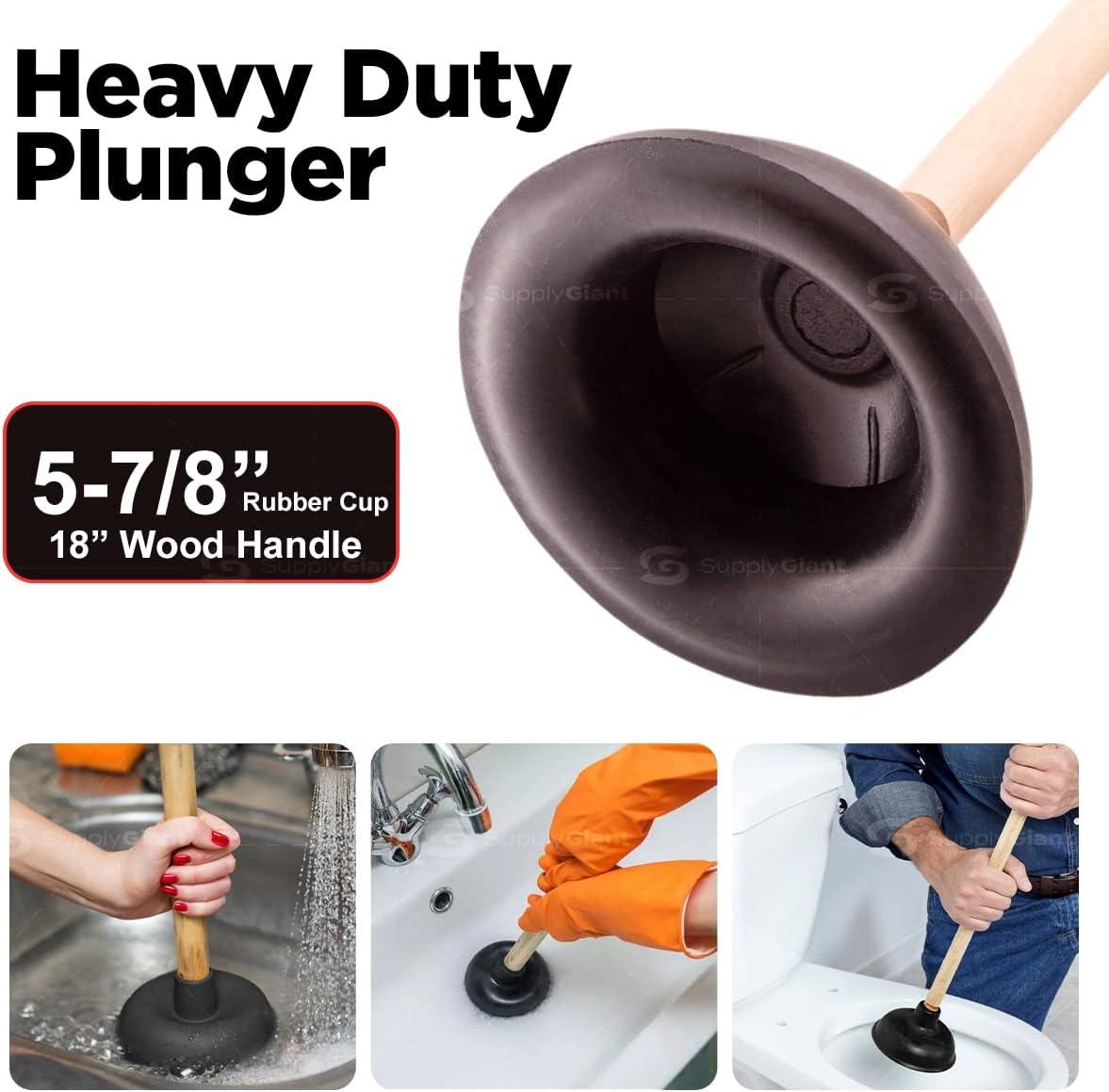 Heavy Duty Toilet Plunger for Bathroom - Strong Suction Force Cup Rubber with 18 in. Wooden Handle to Fix Clogged Toilets and Drains