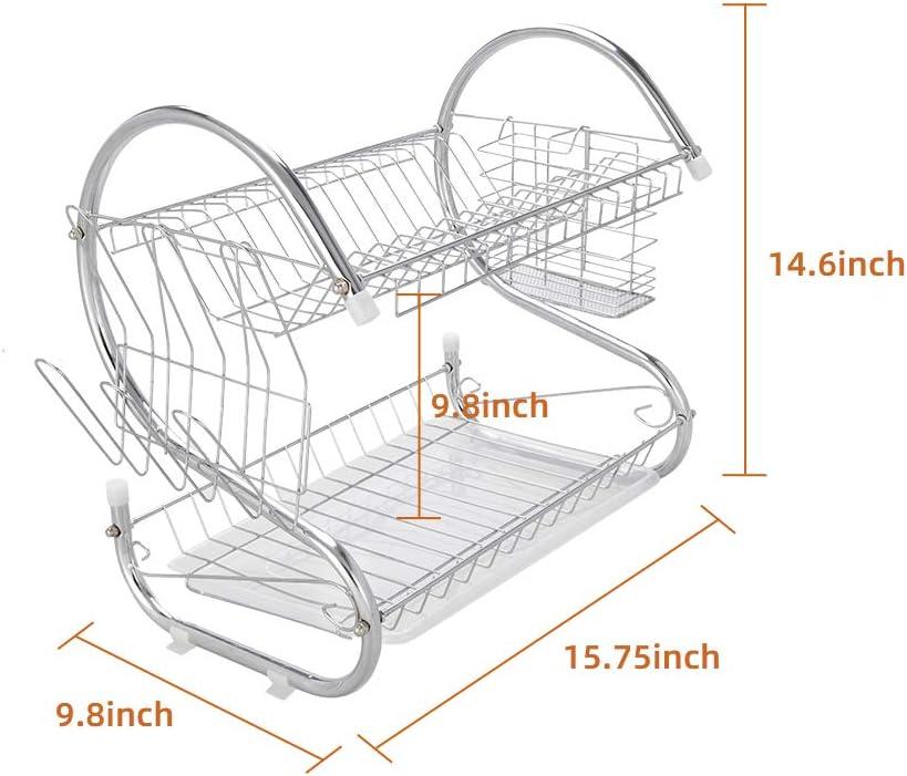 Silver 2-Tier Stainless Steel Dish Drying Rack with Utensil Cup