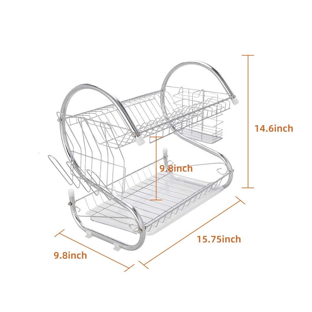 Silver 2-Tier Stainless Steel Dish Drying Rack with Utensil Cup