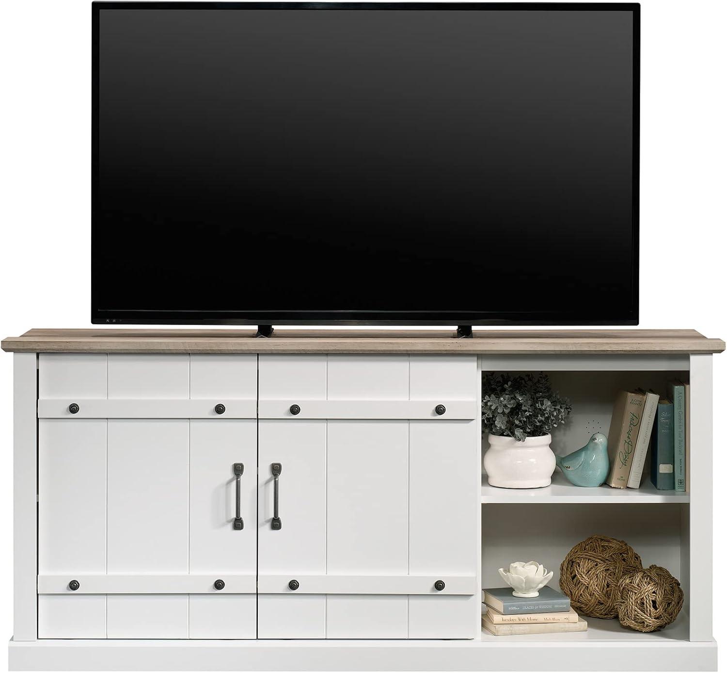 Soft White Farmhouse TV Stand with Oak Accent for 70" TVs