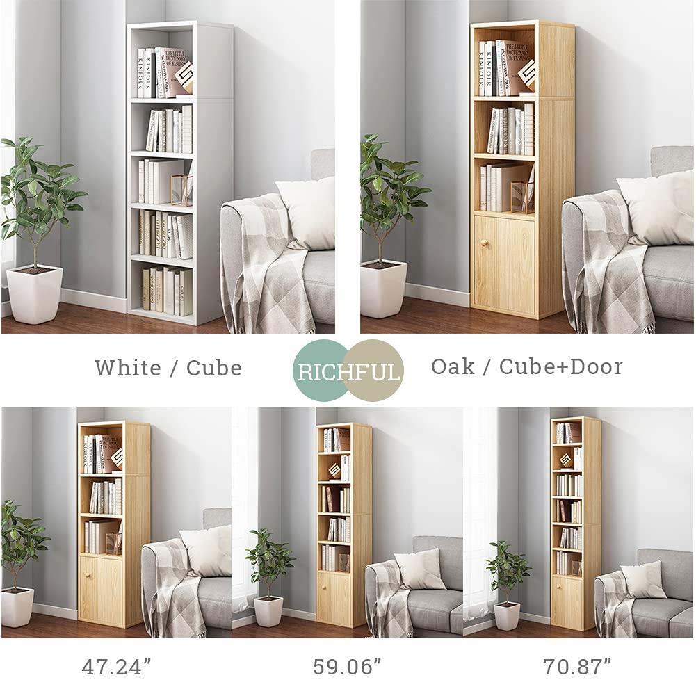 IOTXY Small Narrow Corner Bookcase - 59" Tall Free Standing Gap Storage Cabinet, 6 Lattices Open Shelves Tower Rack with Door, Cubes Bookshelf, White