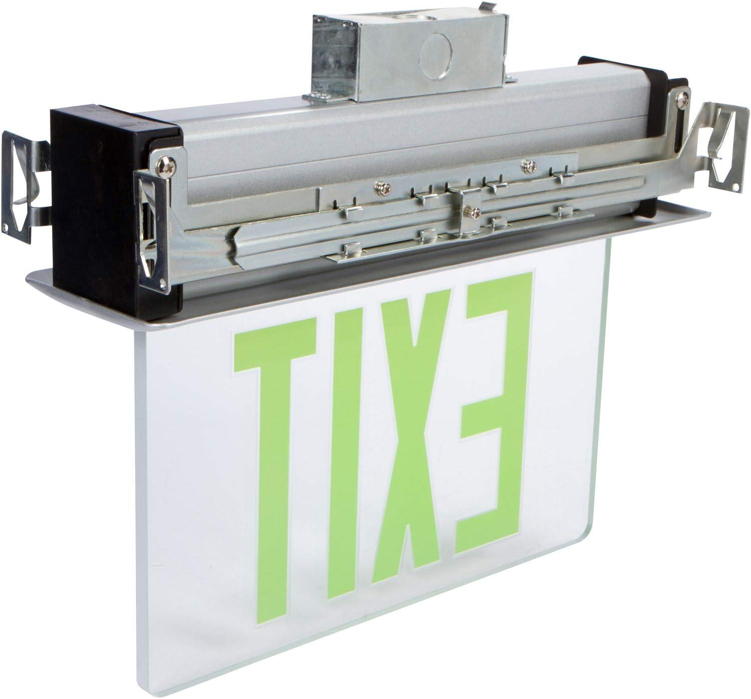 Recessed Mount Edge Lit LED Exit Signs Green on Clear Panel Aluminum Housing