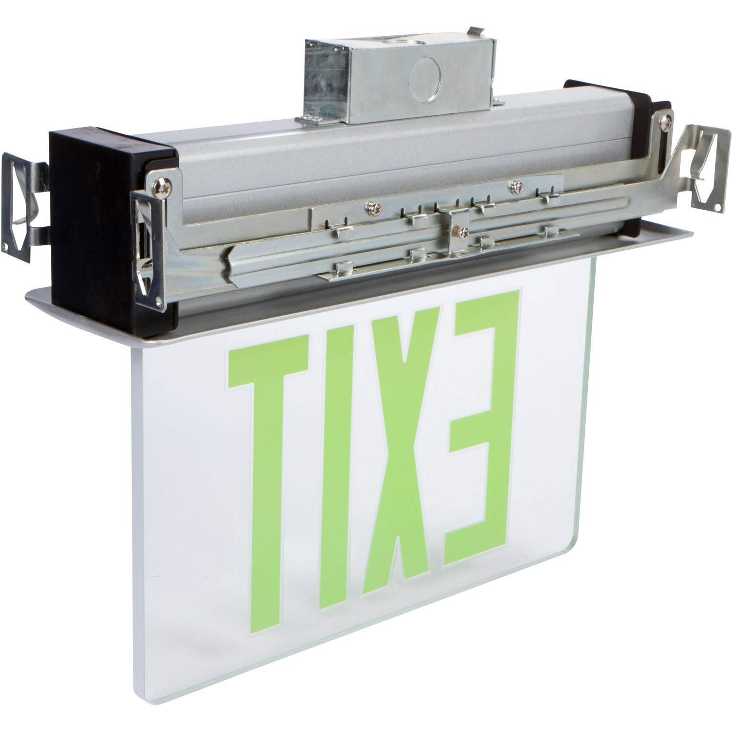 Recessed Mount Edge Lit LED Exit Signs Green on Clear Panel Aluminum Housing