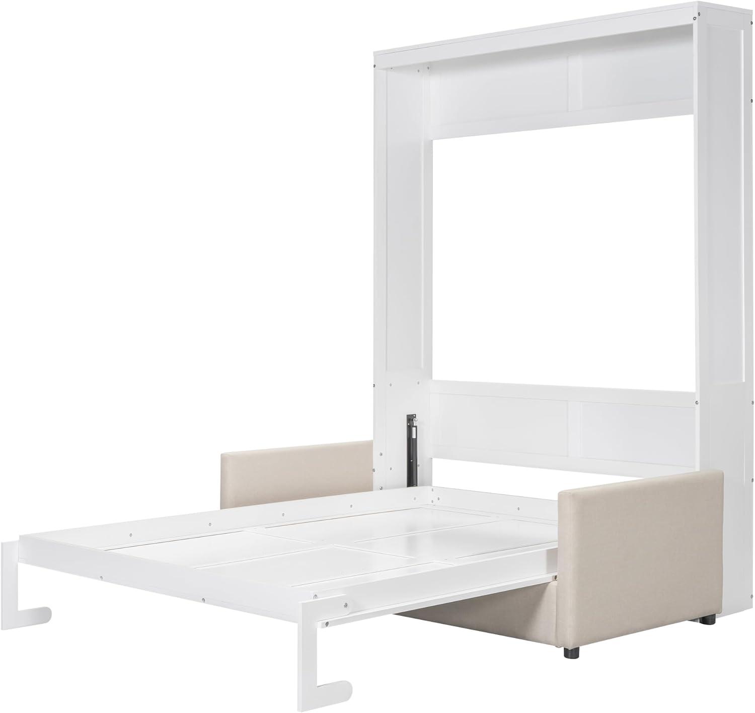 LZ LEISURE ZONE Queen Size Murphy Bed, Wooden Queen Murphy Wall Bed with Cushion and Sofa, for Home Office or Small Room, White