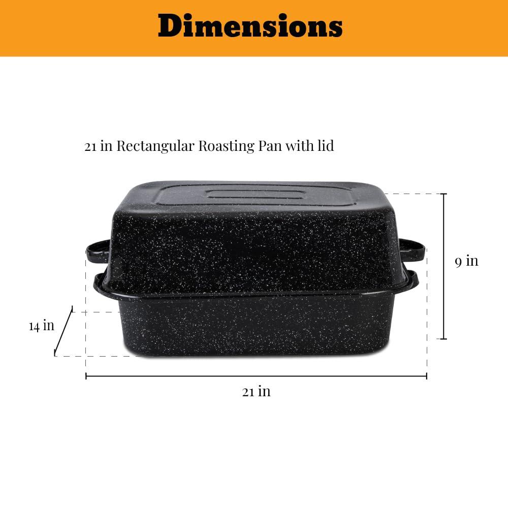 Granite Ware 21 in Oven Rectangular Roaster with lid. (Speckled Black) - Accommodates up to 25 lb poultry or roast.