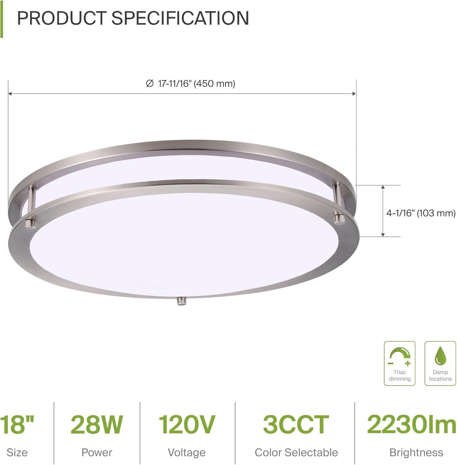 ASD LED 18 Inch Round Flush Mount Light Fixture | 28W 2250LM 3000K-5000K 120V | 3CCT, Dimmable, Energy Star, ETL Listed | Close To Ceiling Double Ring Lamp, Low Profile Lighting | Nickel