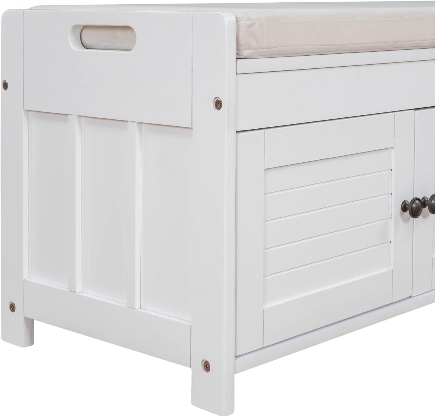 Wood Storage Bench with Removable Cushion and 3 Shutter-Shaped Doors (White)