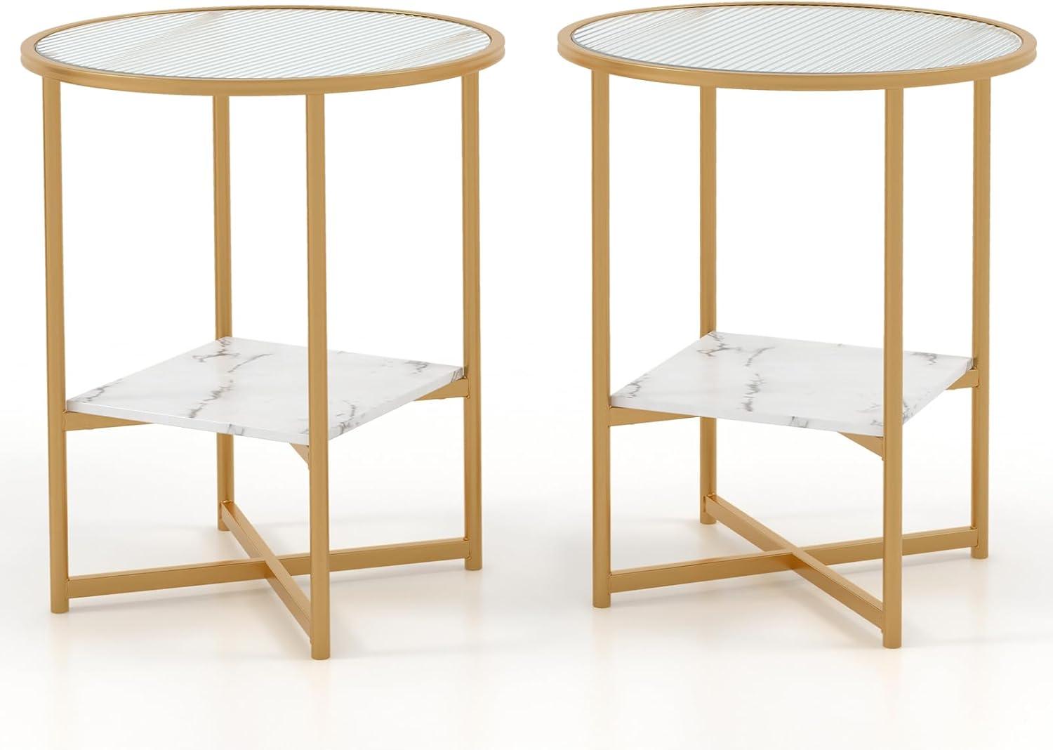 Canddidliike 2-Tier Glass End Table Set of 2 with Faux Marble Storage Shelf-White, Modern Nightstand, End Table for Bedroom Living Room