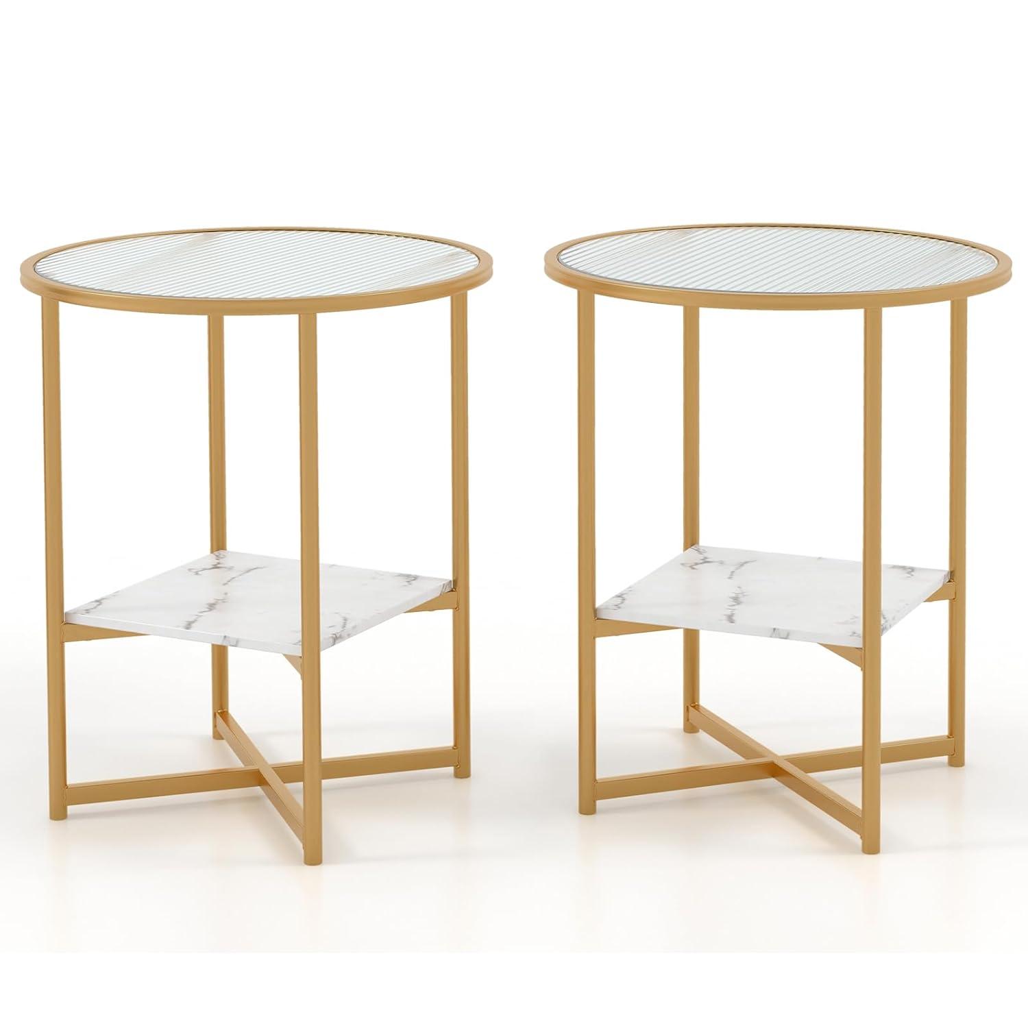 Kepooman End Tables,Side End Table,Nightstand,2-Tier Glass End Table Set of 2 with Faux Marble Storage Shelf-White