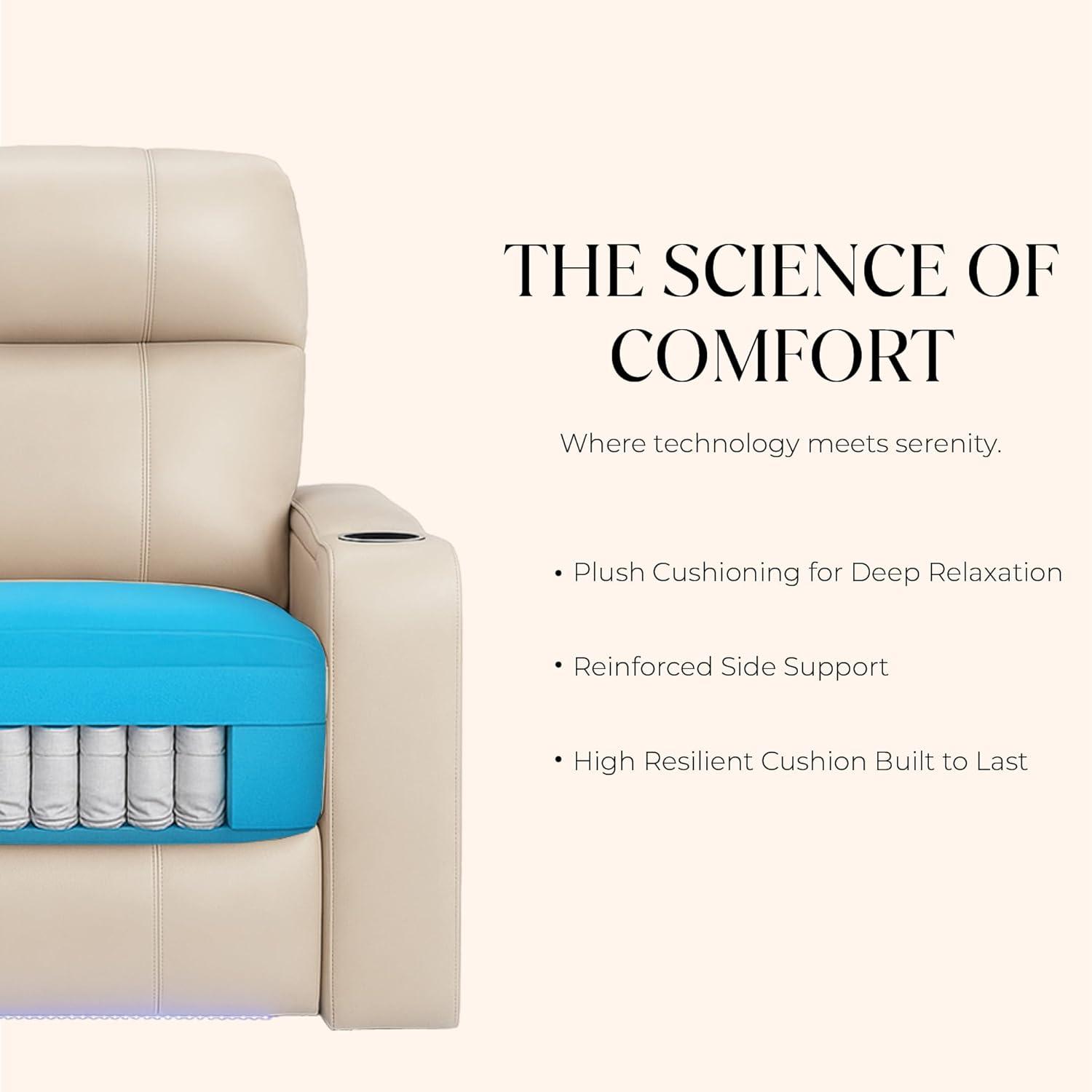 Seatcraft Serenity Italian Leather Home Theater Seating - Living Room - Power Recline - Tray Tables - in-Arm Storage - Ambient Base Lighting and Lighted Cupholders (Row of 4 Middle Loveseat, Cream)