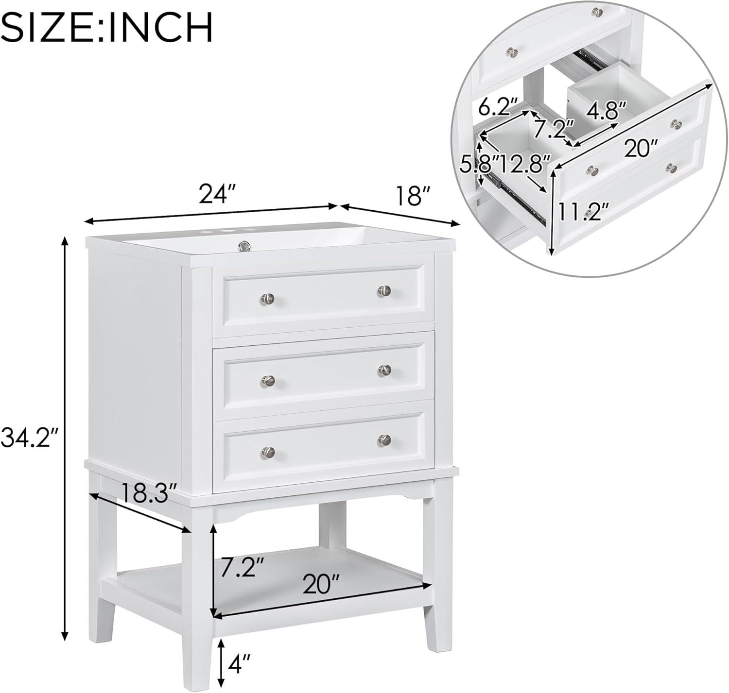 White 24'' Freestanding Bathroom Vanity with Ceramic Sink