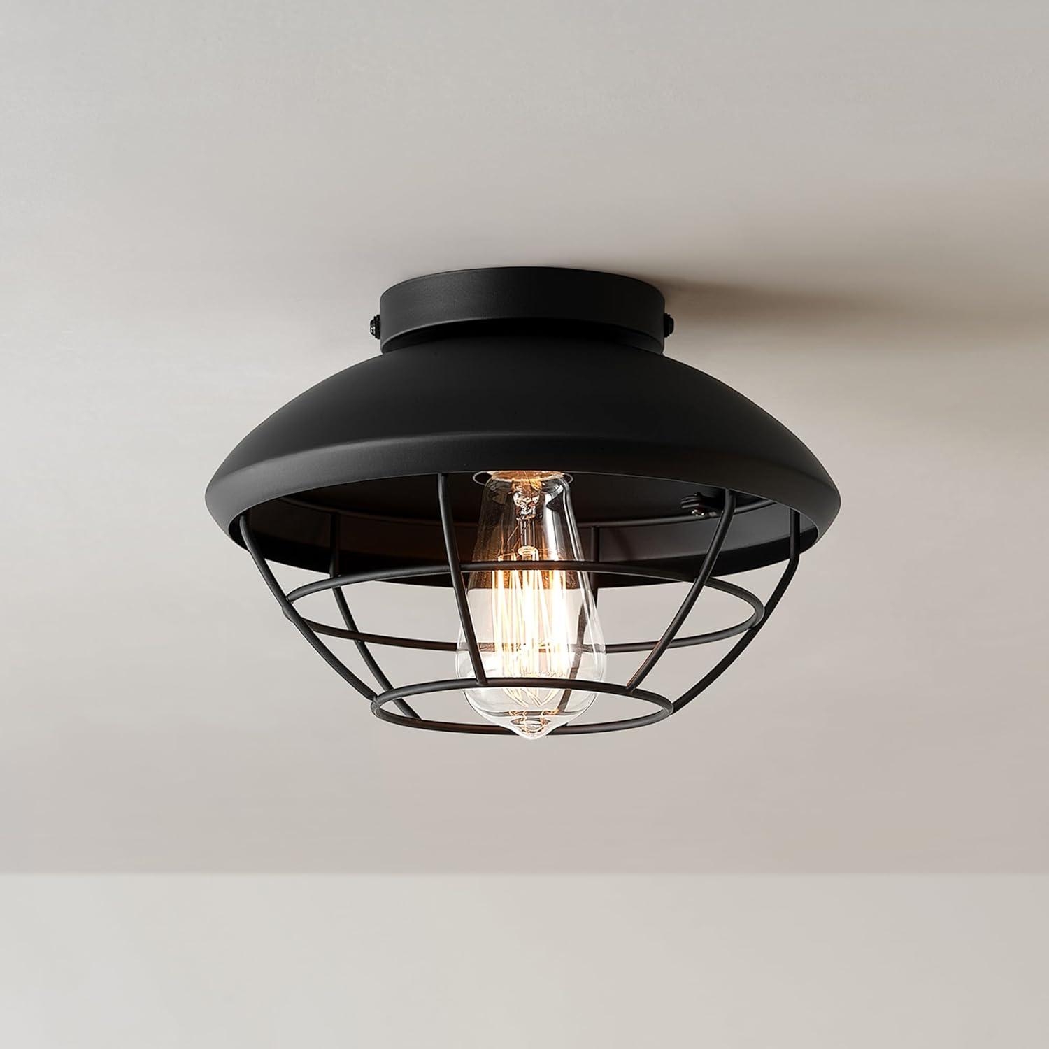 Matte Black Metal Cage Flush Mount Outdoor Ceiling Light