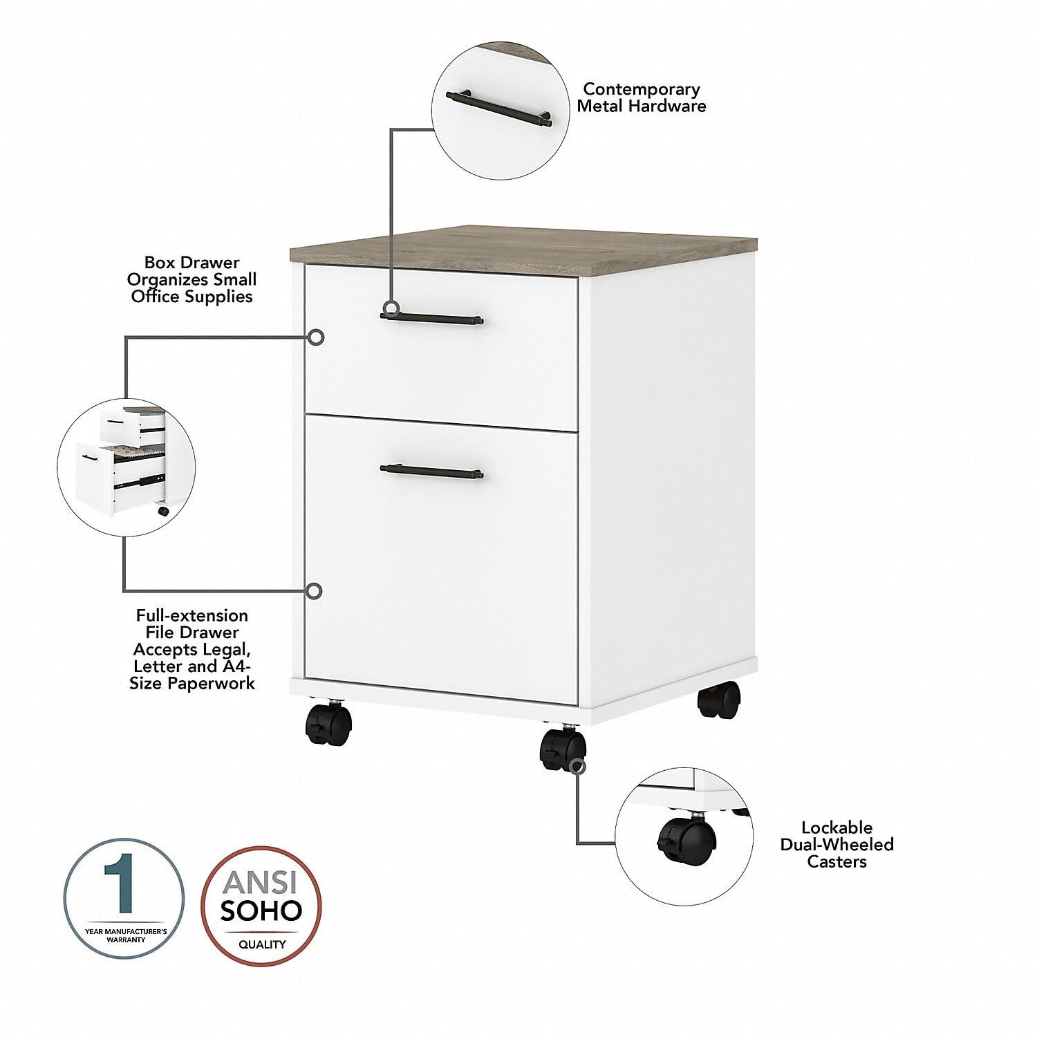Key West L Desk with Drawers and Bookcase in White and Gray - Engineered Wood