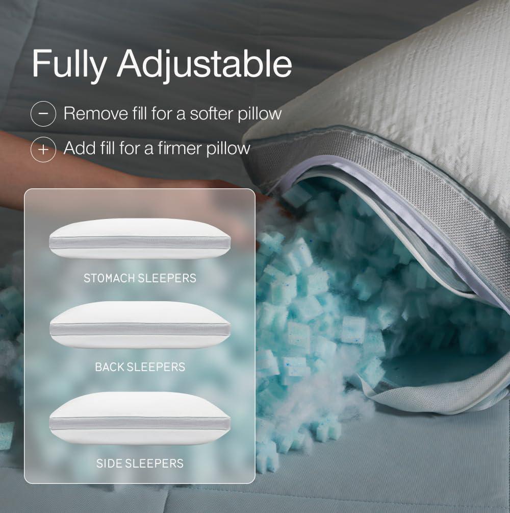 Coop Home Goods The Eden Cool+ Adjustable Pillow, Queen Size Plus Memory Foam Pillows with Cooling Gel, Back, Stomach or Side Sleeper, Neck Support