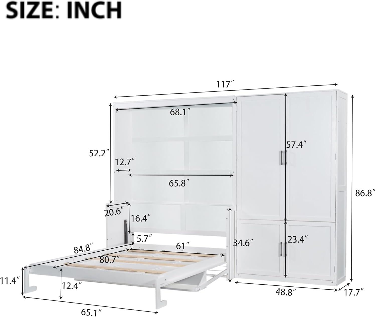 Murphy Bed with Closet and Wardrobe, Versatile Wall Bed, Foldable Murphy Cabinet, Queen Size, White