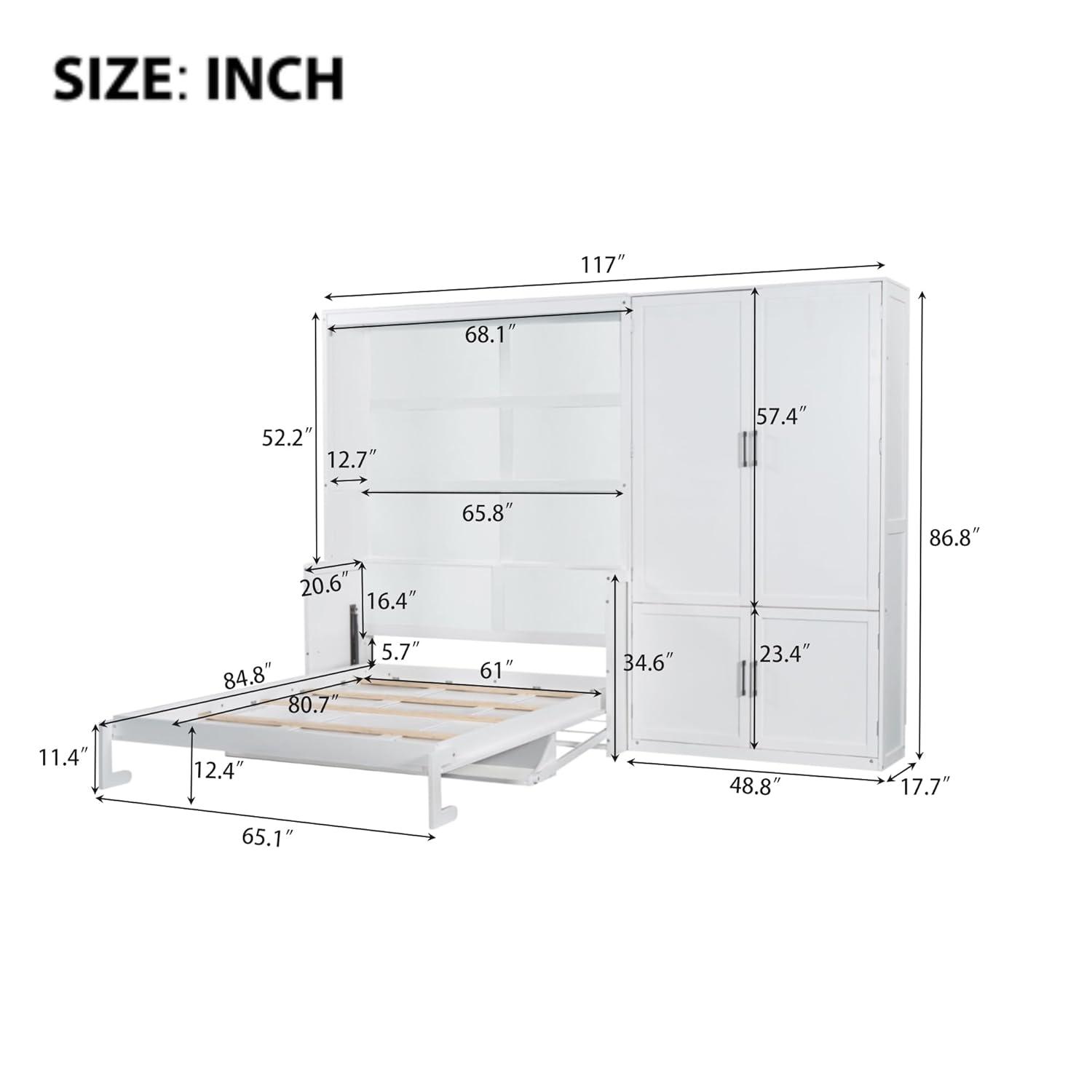 Murphy Bed with Closet and Wardrobe, Versatile Wall Bed, Foldable Murphy Cabinet, Queen Size, White
