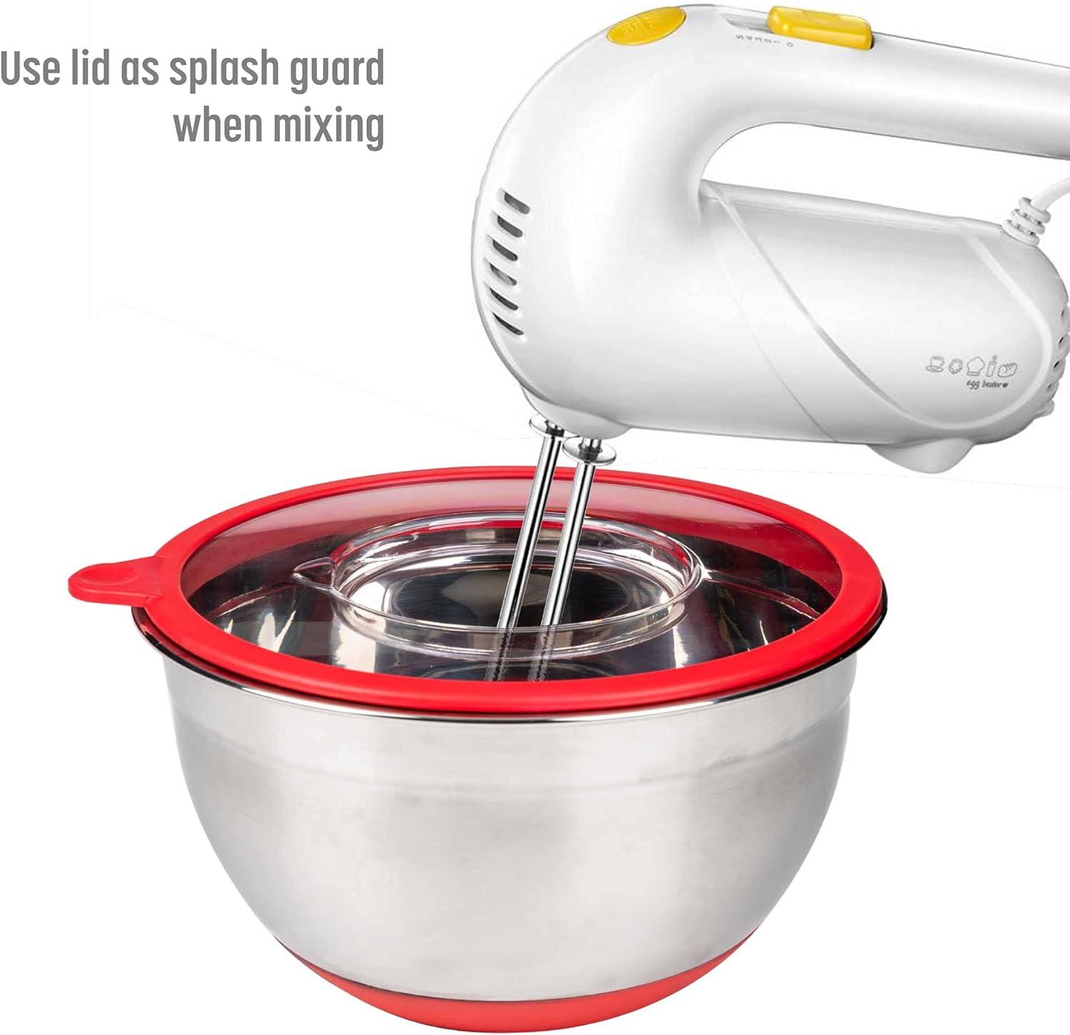 Goodful Stainless Steel Mixing Bowl with Non-Slip Bottom, Lid and 3 Interchangeable Grater Inserts (Fine, Coarse, Slicing), 5 Quart, Red