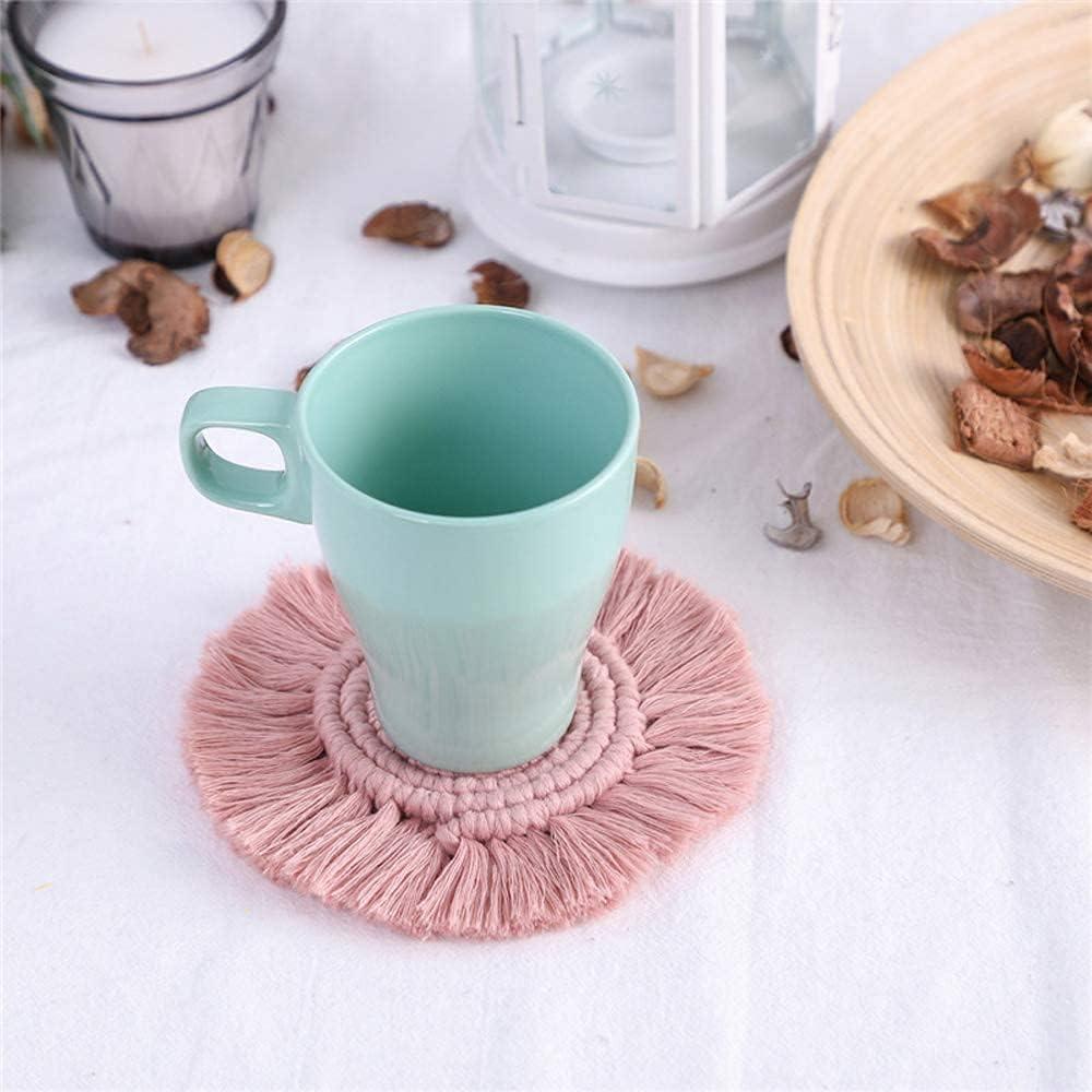 2 Posavasos Bohemios de Macramé para Bebidas, Posavasos Absorbentes con Borla, Posavasos Redondos de Algodón Hechos a Mano de 7 Pulgadas para Mesa de Escritorio, Cocina, Oficina, Hogar, Bar, Protección de Mesa, Regalo de Inauguración de la Casa, Rosa