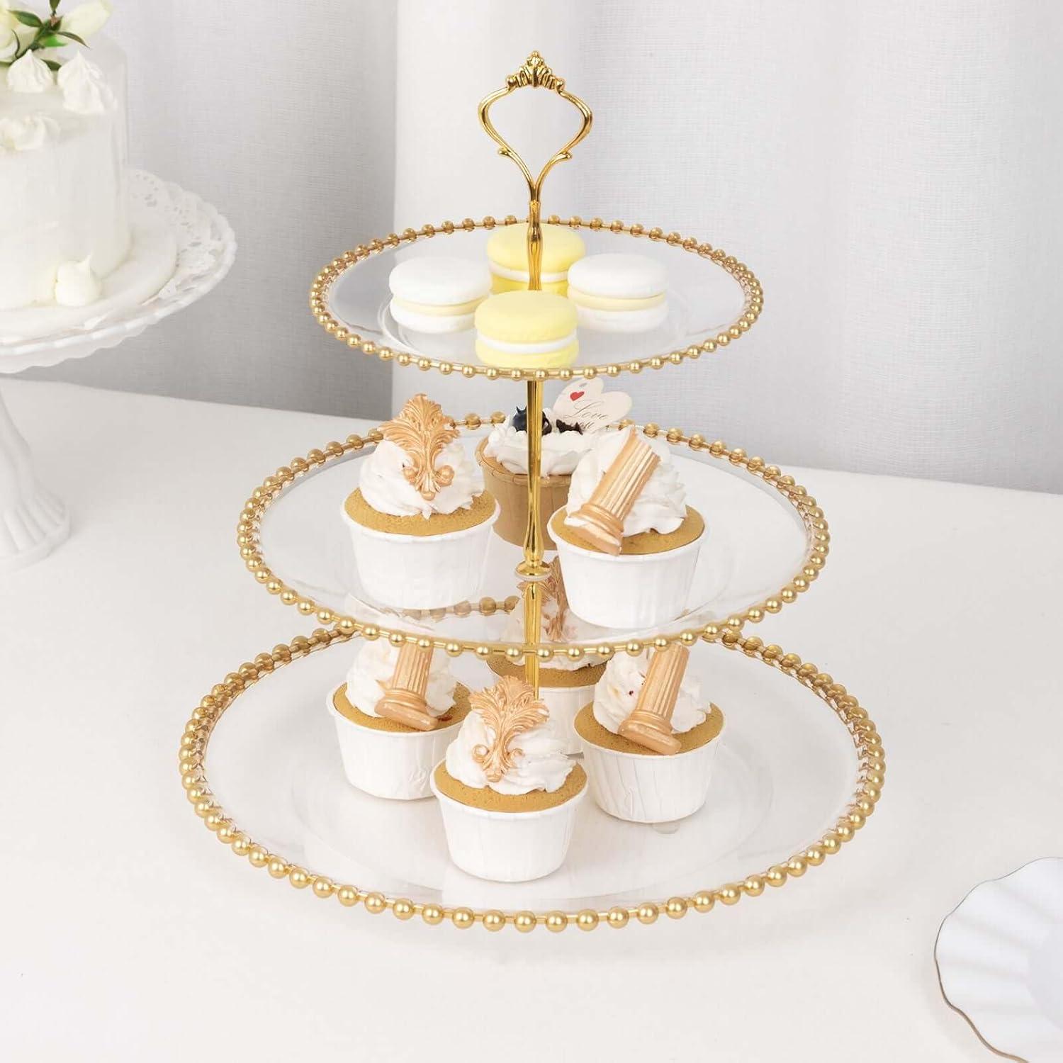 Efavormart Clear 3-Tier Round Plastic Cupcake Tower Stand with Beaded Rim, Dessert Display Tea Party Serving Platter With Top Handle - 14" Tall