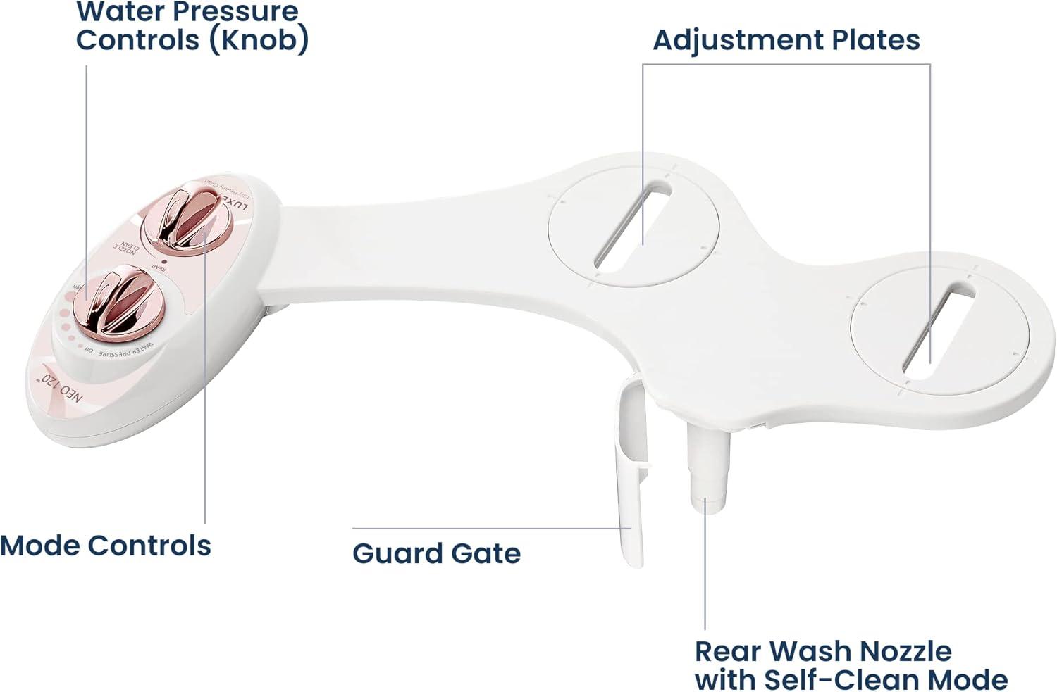 LUXE Bidet NEO 120 Mechanical Attachment Bidet Rose Gold: Elongated ABS Toilet Seat, 18-Month Warranty