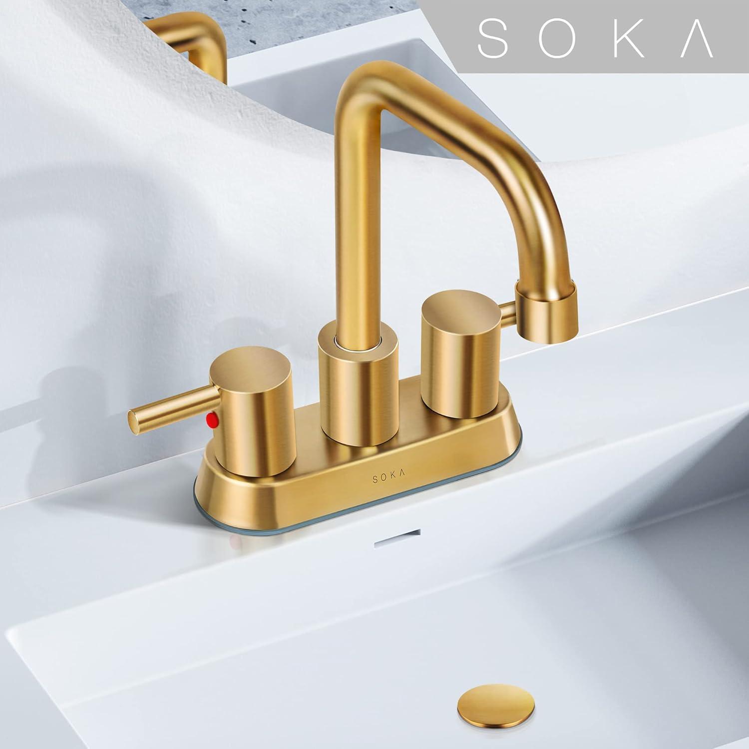 Centerset Bathroom Faucet 2 Handles 4 Inch Commercial Hand Sink Touch Faucets 3 Hole Bathroom Sink Faucet Gooseneck, Gold