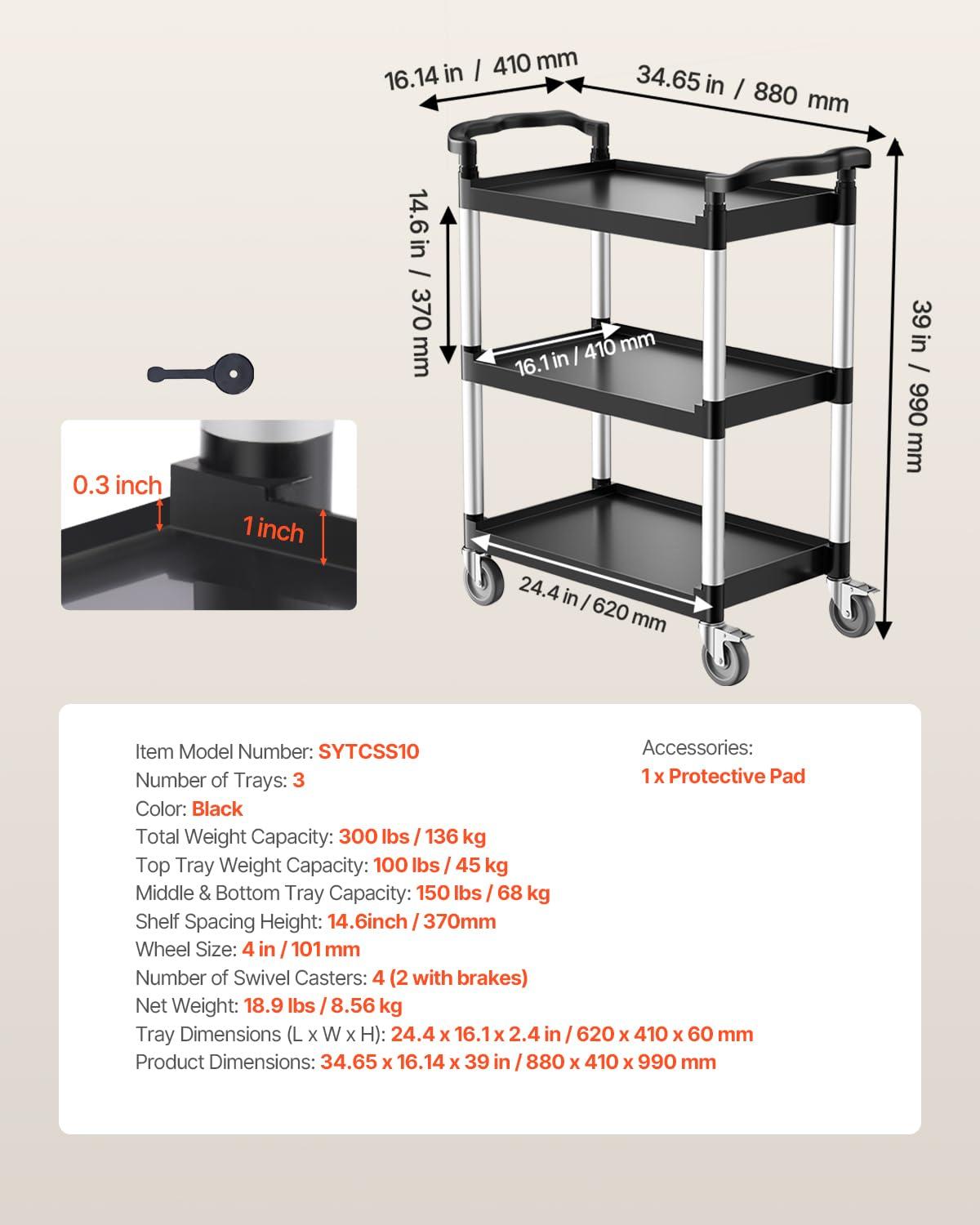 VEVOR Utility Cart, 300 lbs Load Capacity, 3-Tier Utility Plastic Cart with 360° Swivel Wheels (2 with Brakes), 24.4 x 16.1-inch Food Service Cart for Warehouse, Office, Home, Restaurant, Kitchen