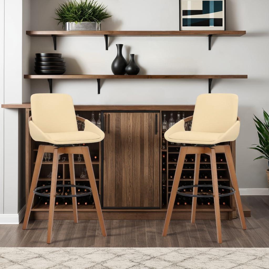 Cream Faux Leather and Walnut Wood Swivel Bar Stool