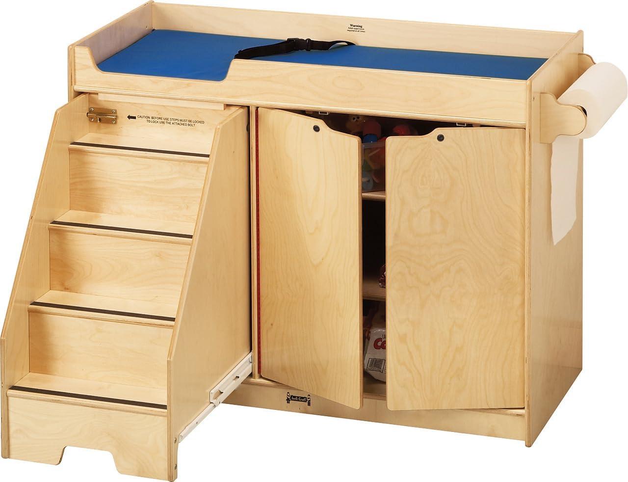 Natural Wood Changing Table with Pull-Out Stairs and Storage