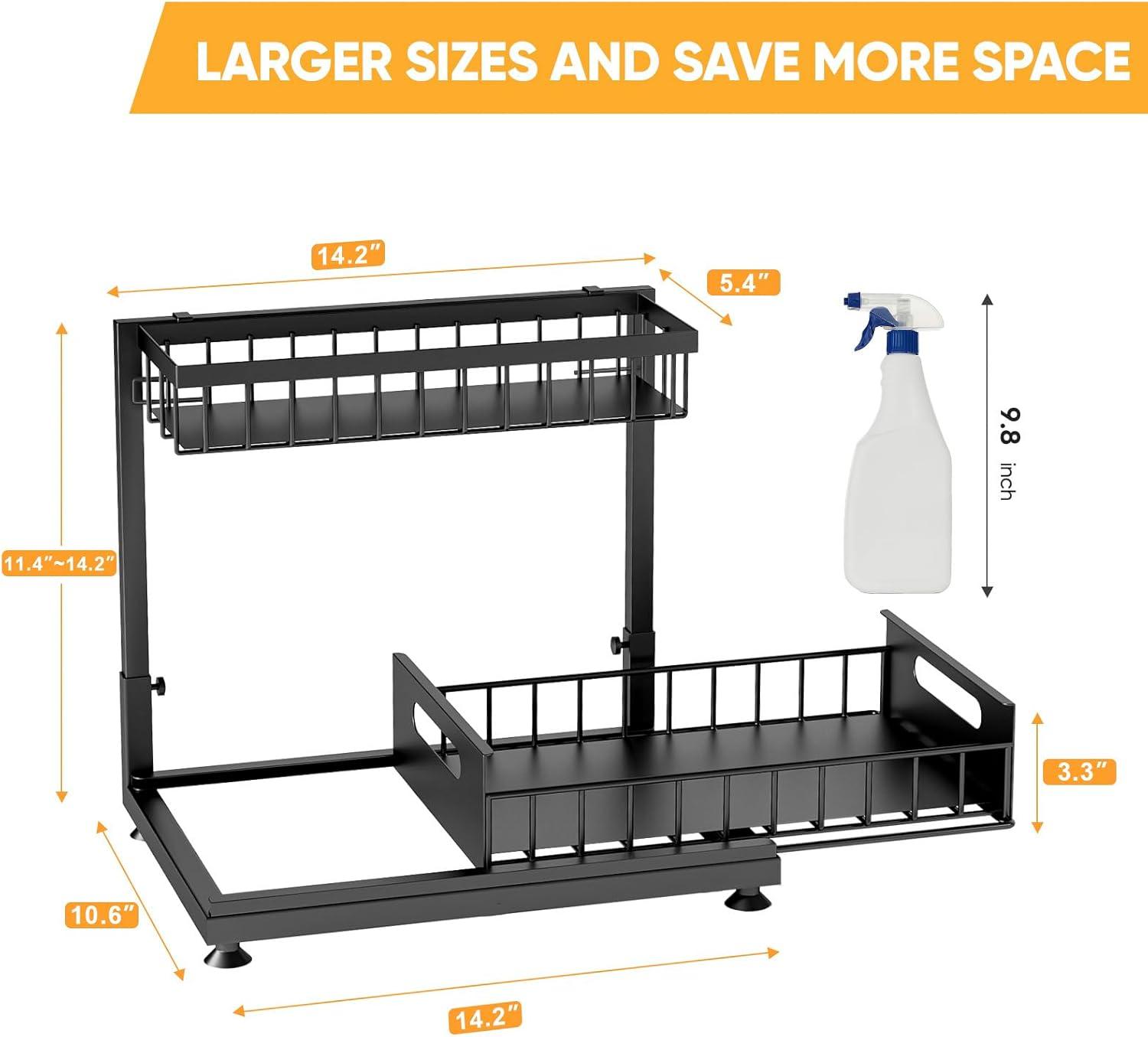 DELAMU 2 Pack Under Sink Organizers and Storage, Pull Out Trash Can Under Cabinet, 2 Tier Bin Organizer with Hooks and Haning Cups, Multi-Purpose Sliding Under Cabinet Organizer