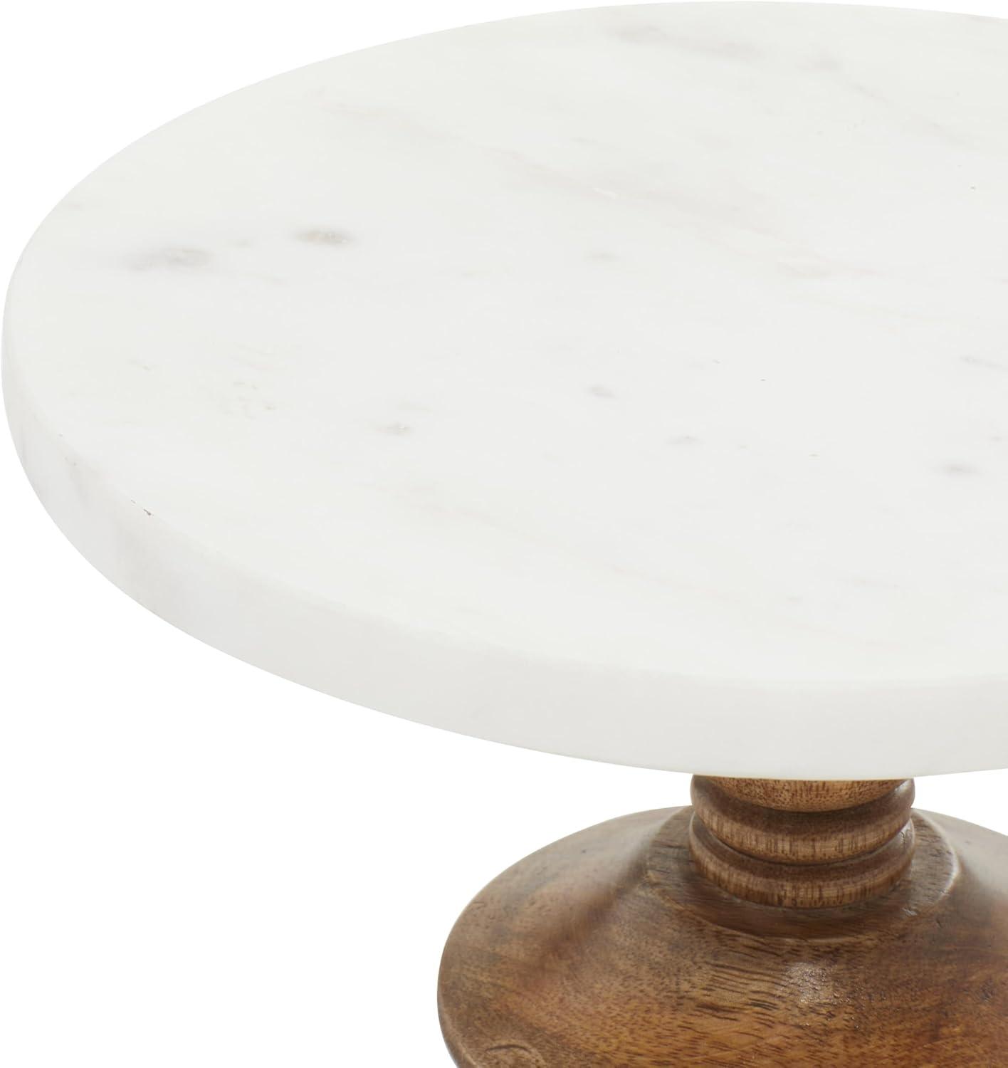 DecMode Modern Round Marble Cake Stand with Carved Wood Base and White Top Finish, 10"W x 5"H