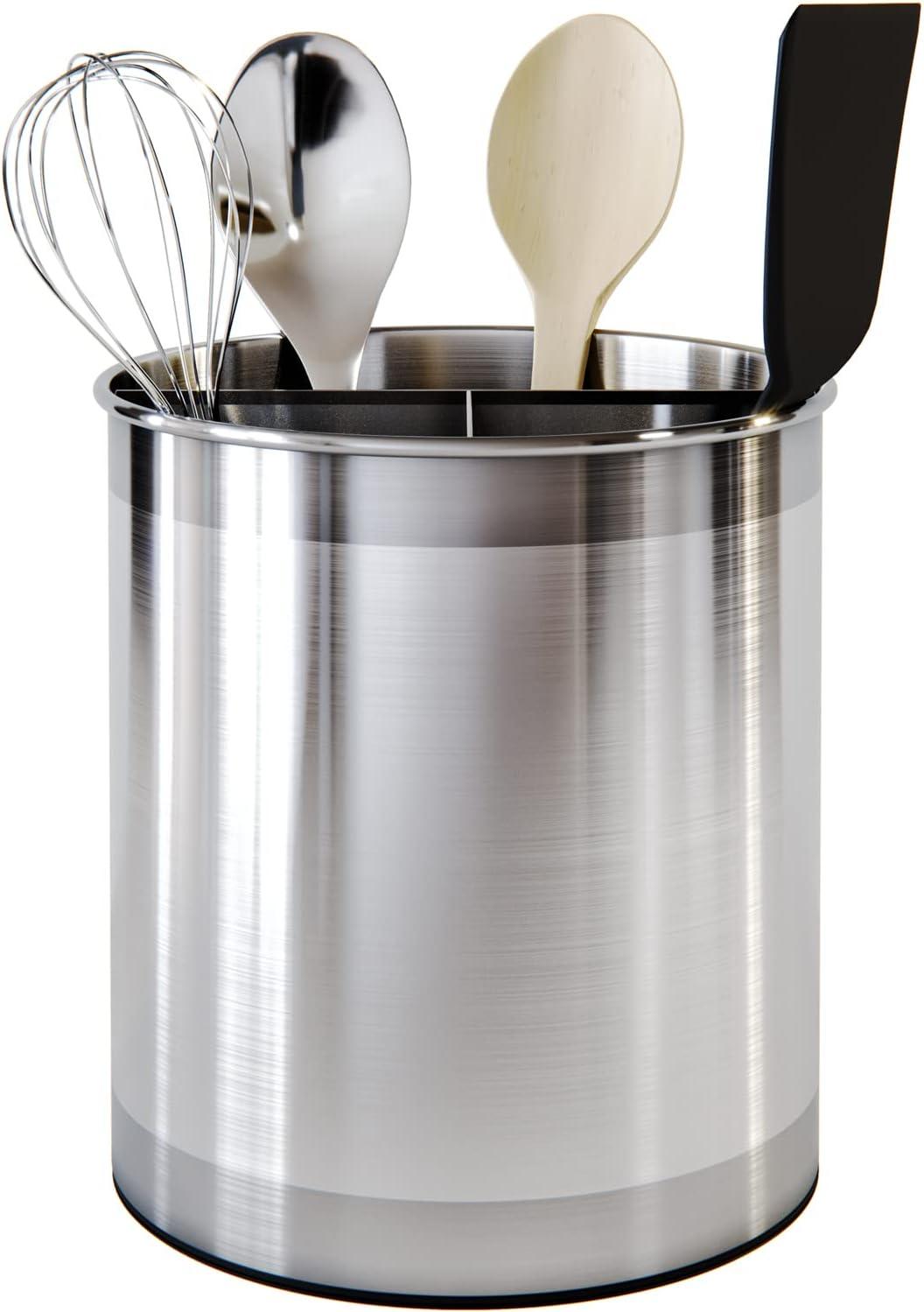 Extra Large Rotating Utensil Holder Caddy with Sturdy No-Tip Weighted Base, Removable Divider, and Gripped Insert: Metal | Rust Proof and Dishwasher Safe