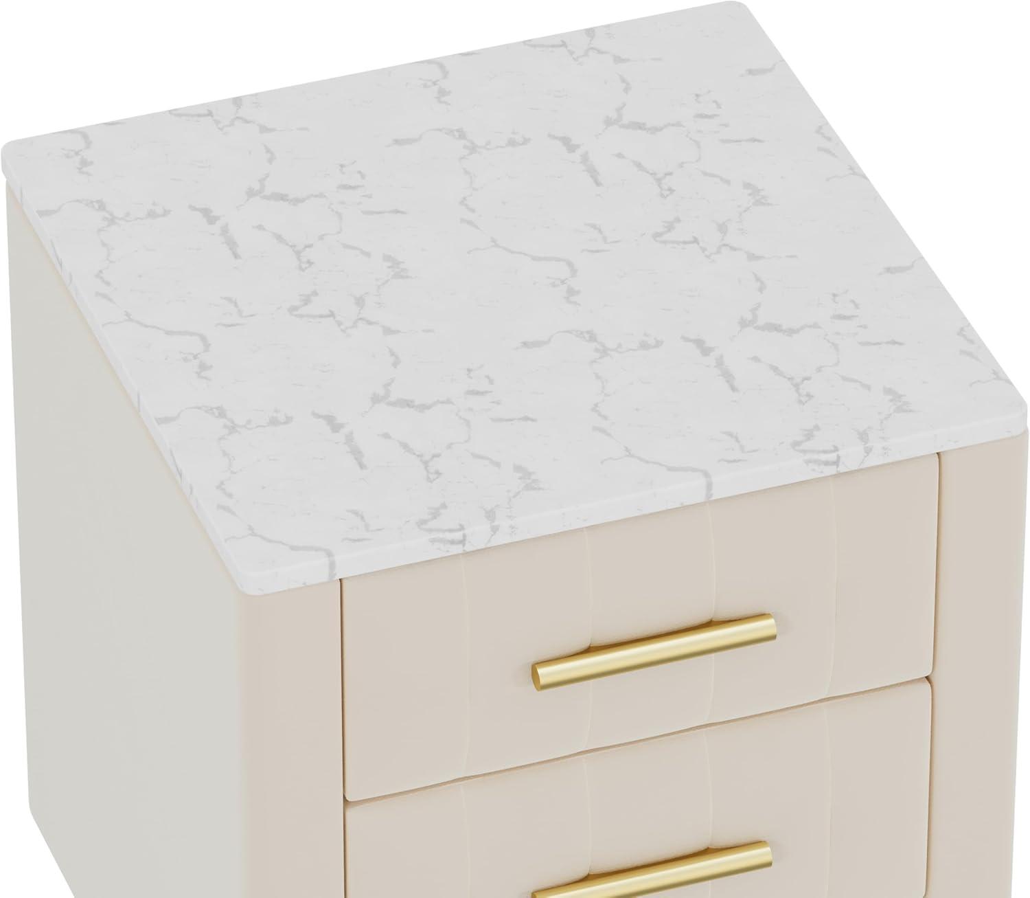 Churanty Upholstered Wooden Nightstand with 3 Drawers and Metal Legs & Handles,Bedside Table with Marbling Worktop,Beige