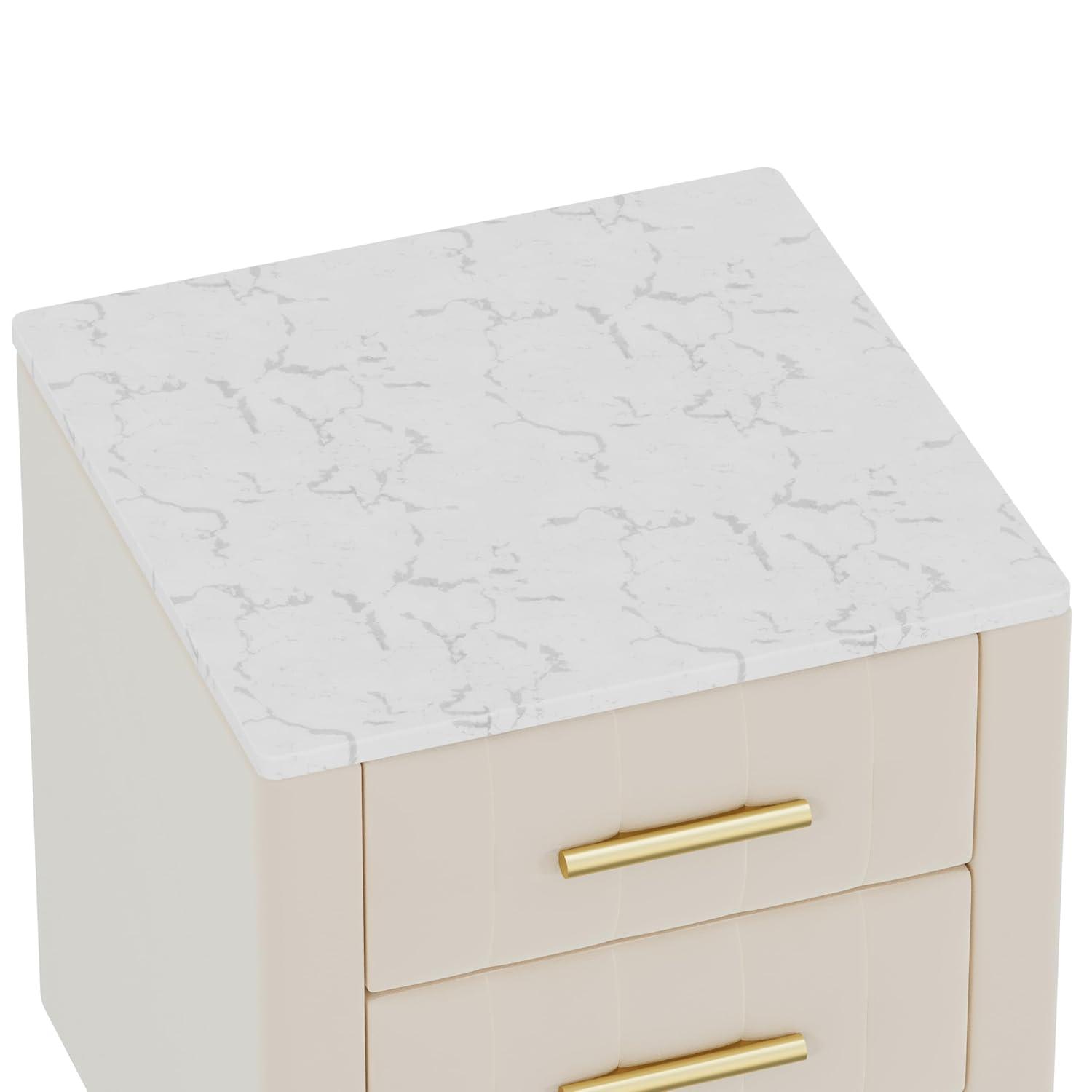 Harper & Bright Designs Upholstered Wooden Nightstand with 3 Drawers and Metal Legs & Handles, Bedside Table with Marbling Worktop, Beige