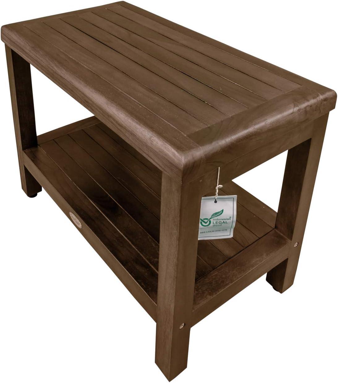 24" Brown Teak Shower Bench with Shelf